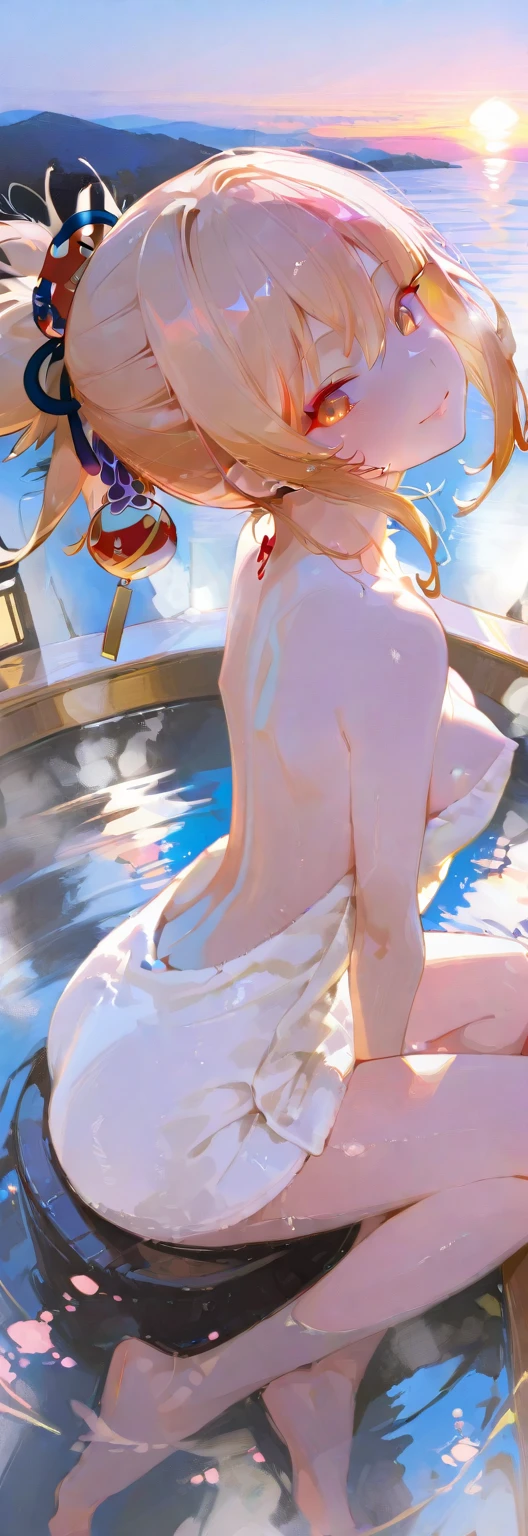 (nsfw 1.1), ((1girl)), ((masterpiece)), realistic, ((highly detailed:1.3)), beautiful elf princess bathing in a marble tub, ((very long blonde hair)), wet hair, wearing a sheer bathrobe, clothed bathing, ivorygoldai, royal palace bathroom setting, steam, ornate marble tub, (rose petals floating in water:1.3), early morning light, windows, crepuscular lighting, dynamic pose, dynamic angle