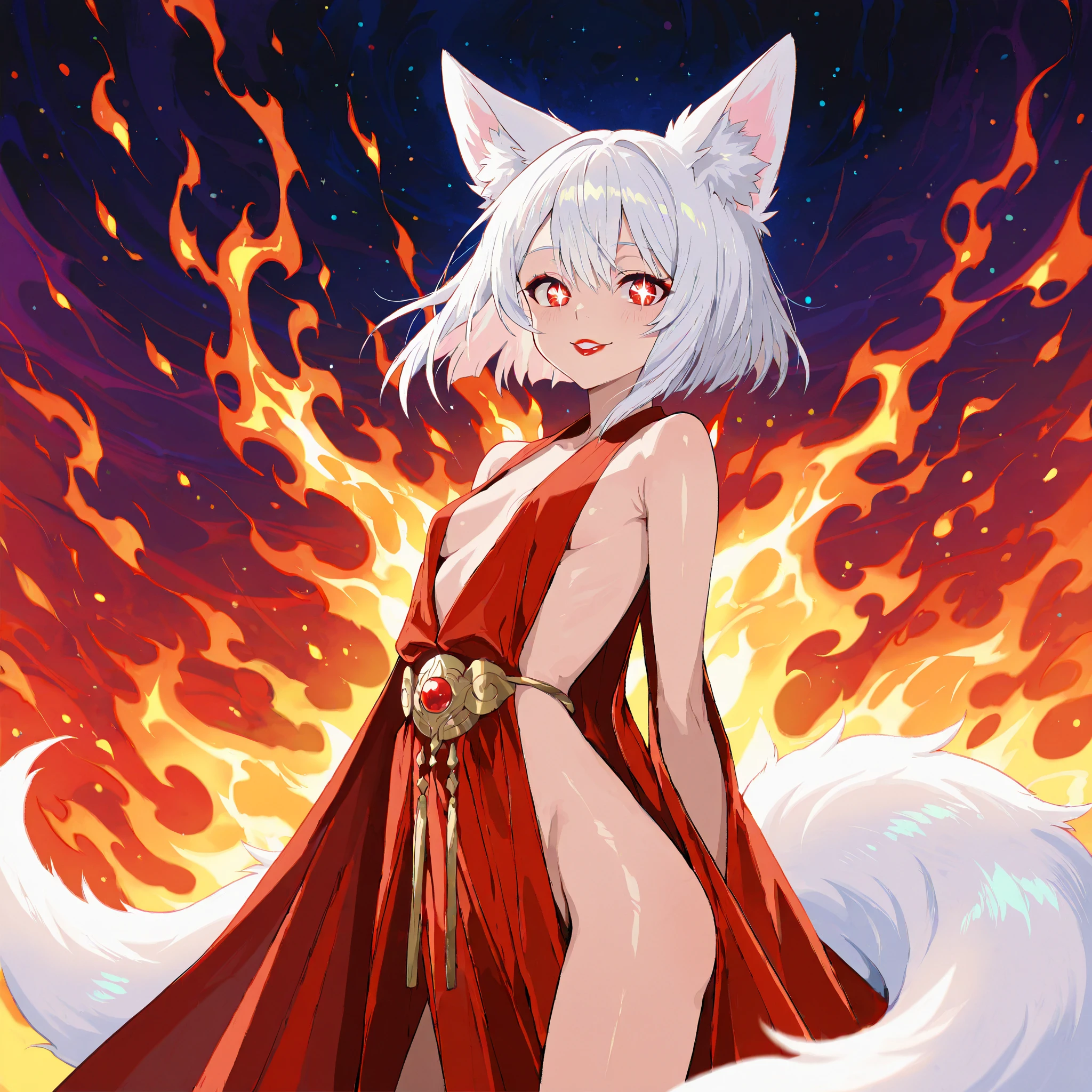 A snow-white nine-tailed fox，fire glow，Red rune tail，Slender physique，Side face