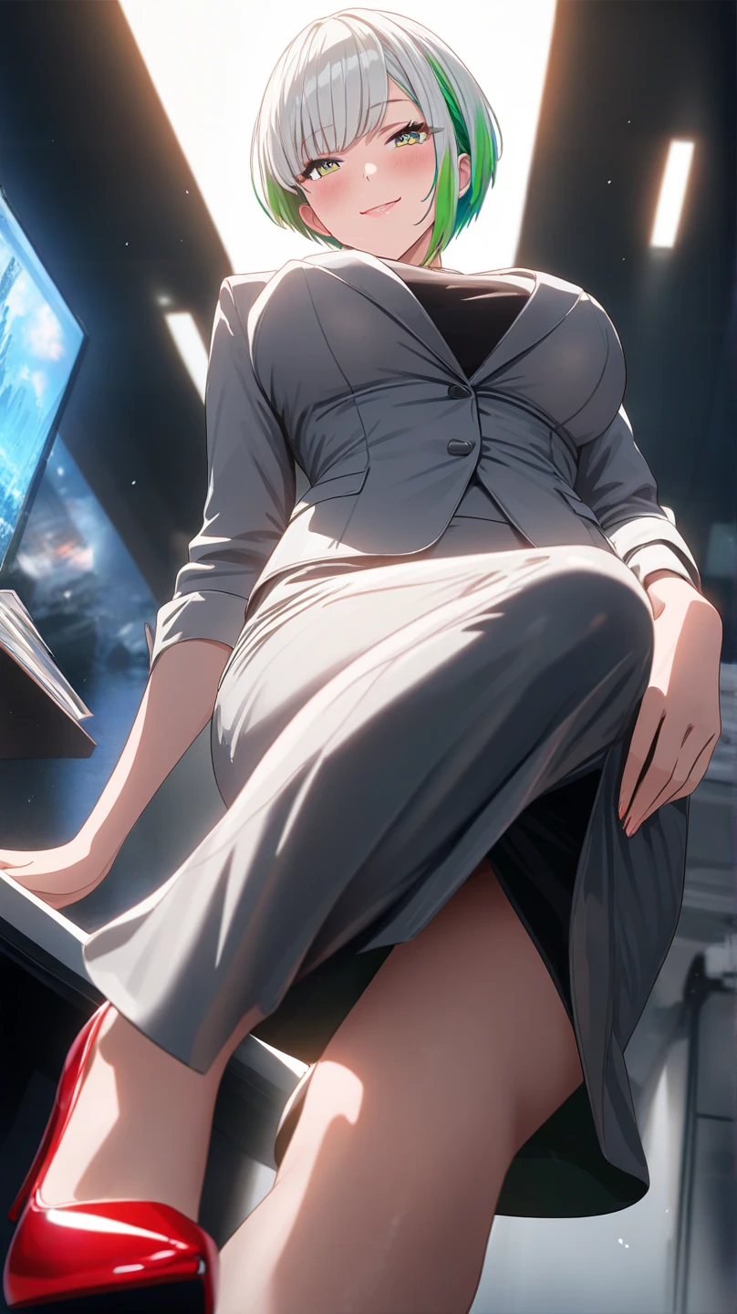 Hojo Tsukasa manga style，Beautiful secretary 25 years old sitting on chair，plump breasts，戴black框眼镜，exquisite earrings，business suit，black，High heel，front，full body portrait，Horizontal viewing angle，rich and colorful，Japanese manga artist Tsukasa Hojo&#39;style，depth of field，White background，Overclocked renderer，movie lighting，Ultra-fine，super detailed，CG art，