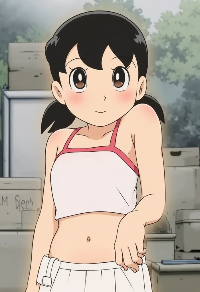 1girl, solo, slim, bent over, upper body, black hair, twintails, large breasts, short twintails, cleavage, red micro bikini, bathroom, bathing