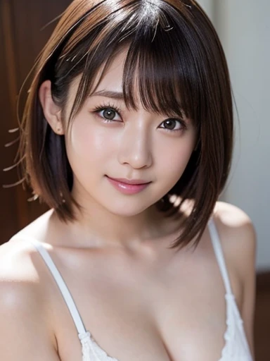 One Girl, (White Strapless Bra:1.2), (Very small breasts)、(RAW Photos, highest quality), (Realistic, Realistic:1.4), Tabletop, Very delicate and beautiful, Very detailed, 2k wallpaper, wonderful, In detail, Very detailedな CG Unity 8K 壁紙, Very detailedな, High resolution, Soft Light, Beautiful detailed girl, Very detailedな目と顔, Beautiful and detailed nose, Beautiful details, Cinema Lighting, City lights at night, Perfect Anatomy, Slender body, smile、Short Hair、Curly Hair、