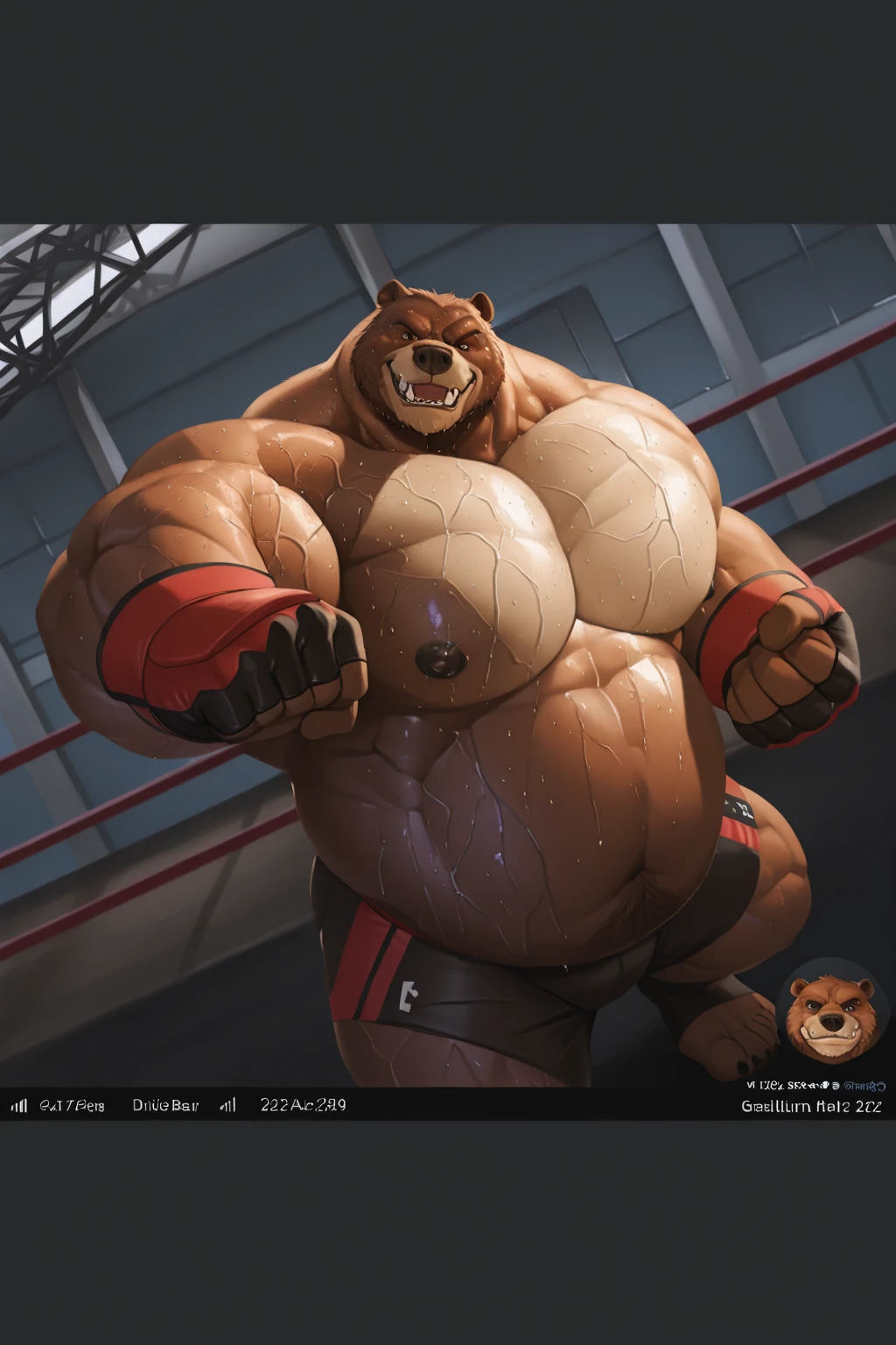 furry, fur taur, beartaur, anthro, middle-age, solo,1man, detailed face, bear ears, bear eyes(brown), bear nose(black), bear mouth, beard(grey), hair, mature hair(grey), detailed arm, thick arm, forearm hair, muscular, thick hands(5 fingers), thick claws, detailed body belly, thick body, muscle belly(white), thick chest, chest hair(white), nipples, detailed taur body, thick taur body, waist hair, thick bear paws, bear paws hair, thick bear claws, thick bear tail, full body shot, standing in the prison