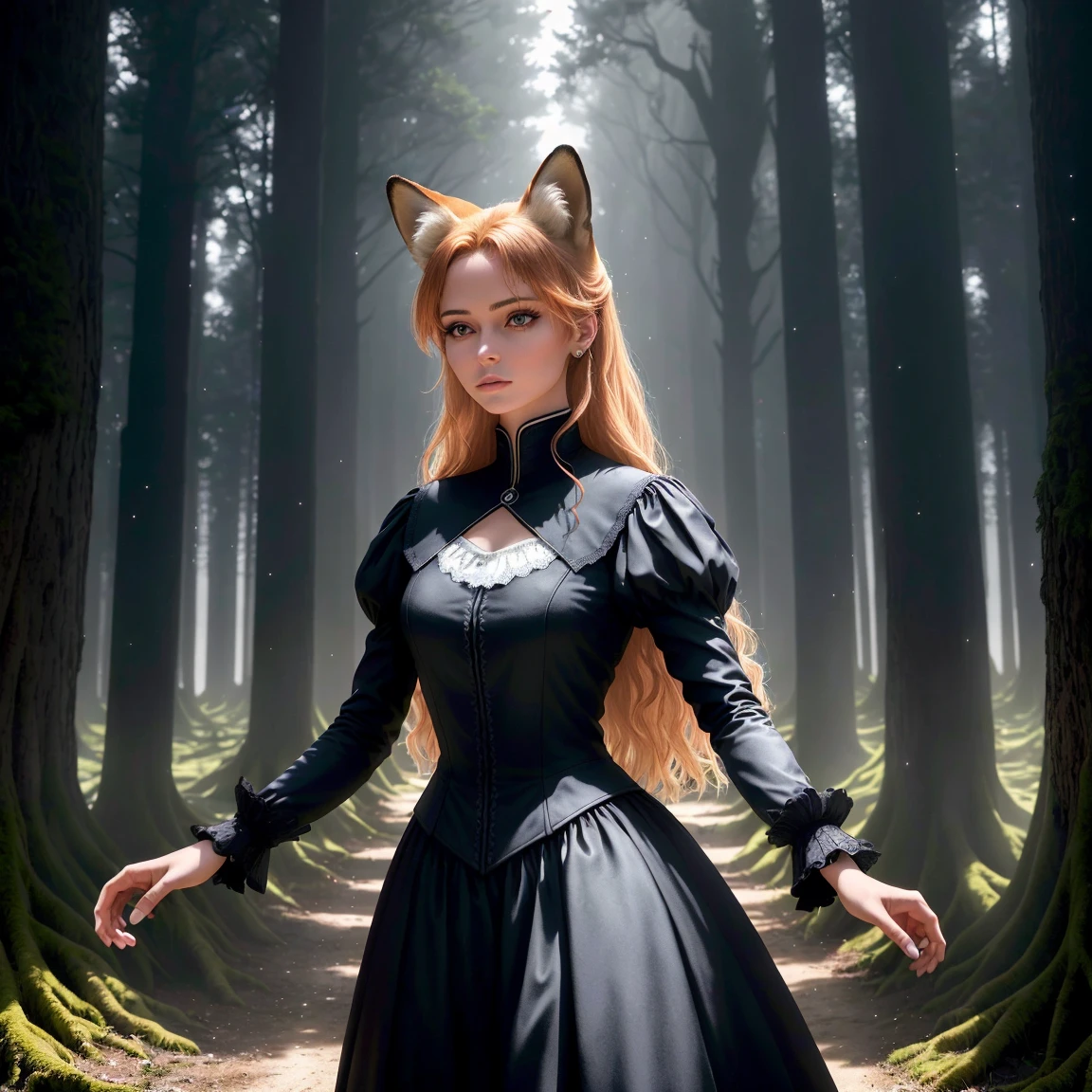 foxgirl,kitsune,long hair,white leather corset dress,reddish brown hair,1 girl,female,medium breasts,fox ears,fox tail, holding staff, mage, wizard,yellow eyes,glowing eyes,fox eyes,kitsune marks on face,forest setting,misty,day, highly detailed eyes, highly detailed hair, tight waist,