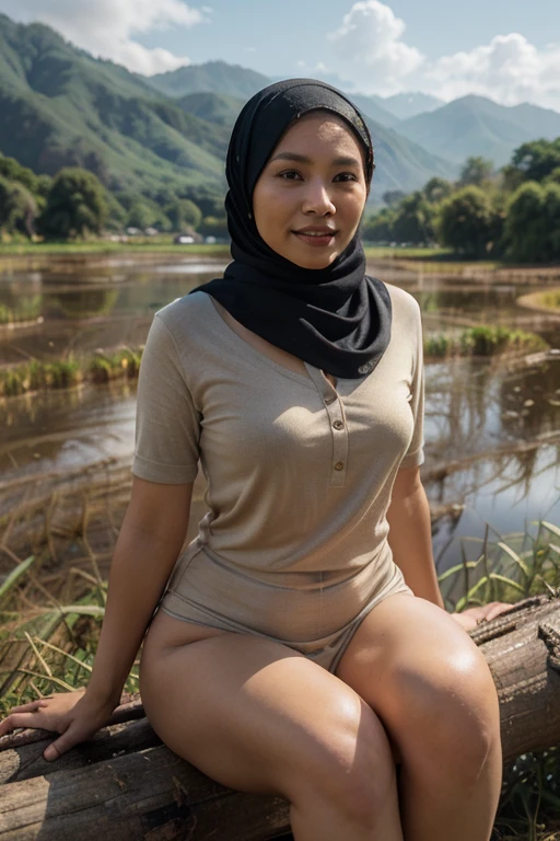 matured 40 years old chubby malay girl in hijab nude body pose squat and open leg wide showing nude shaved pussy and smiling in a dark forest ,with eye close, bottom angle shot, wet body, wet face with ,