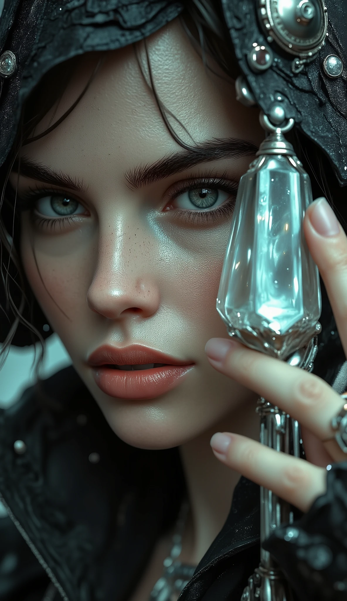 an ultra-realistic portrait of a gothic female thief from a role-playing game, a huge evil mischievous smile, naked hands and fingers, realistic anime, shallow depth of field, sideways, hyper-realistic digital paintings by Jeremy Ketner, Charlie Bowater, Stanley Artgerm, Thomas Saliot and J. Scott Campbell, a close-up of the villain's face and body, eyes, lips, light and shadows on his face, a realistic anime woman with perfect clear pale skin holding a glowing crystal in front of her face.