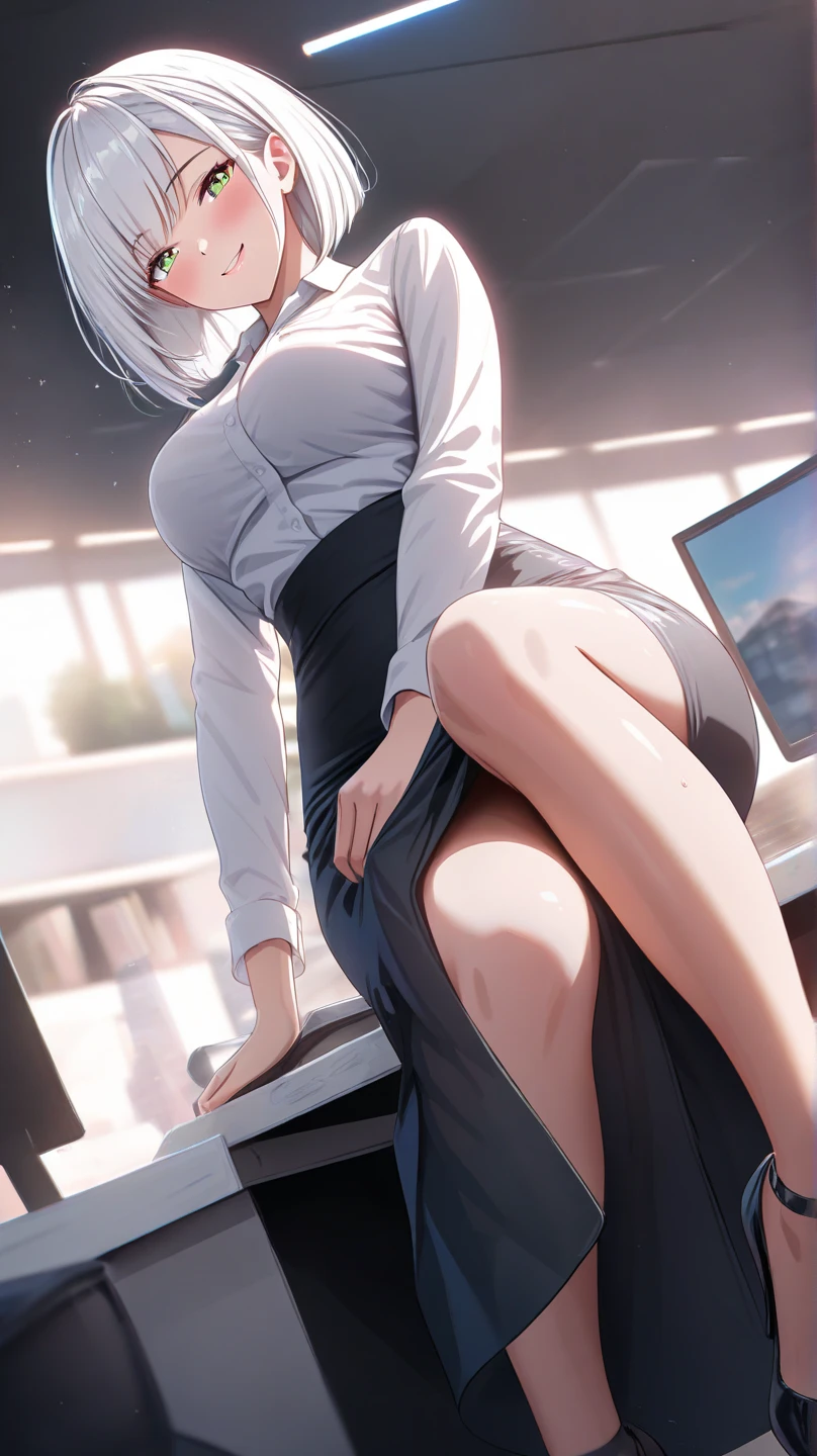 (high resolution:1.2),1 chica,police,police dress,camisa,calzas,Pelo gris,ojos rojos,rubor,arms behind head,oficina,Tacones negros,retratos,Sharp focus,vivid colors,studio lighting