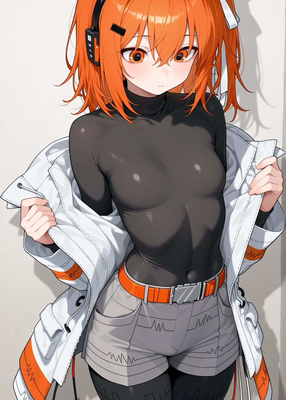 solo, 1girl, (masterpiece), ((16 year old appearance)), fire hair, short hair, ahoje, spiky hair, small breasts, yellow eyes, ((detailed eyes)), (strong body), (simple black cropped), Black jacket with red details, Looking at the screen, orange lipstick, (blurry background), flame effec, visible stomach, oversized black cargo pants, navel, (collarbone)