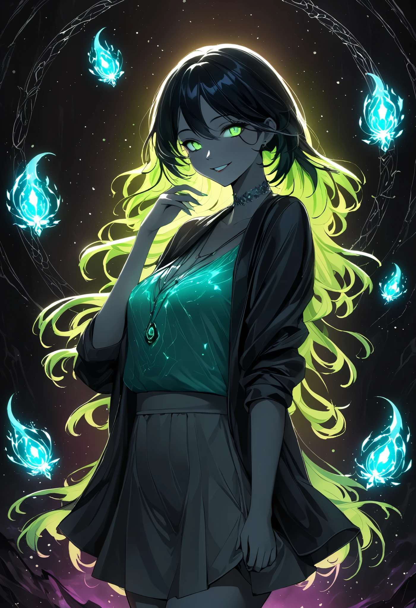 (masterpiece), (best quality), Dolshy in [casual wear], [VoidLight glow], [Noir atmosphere], (luminous abyss background), {mysterious smile}, , //Elegant yet dangerous aura//