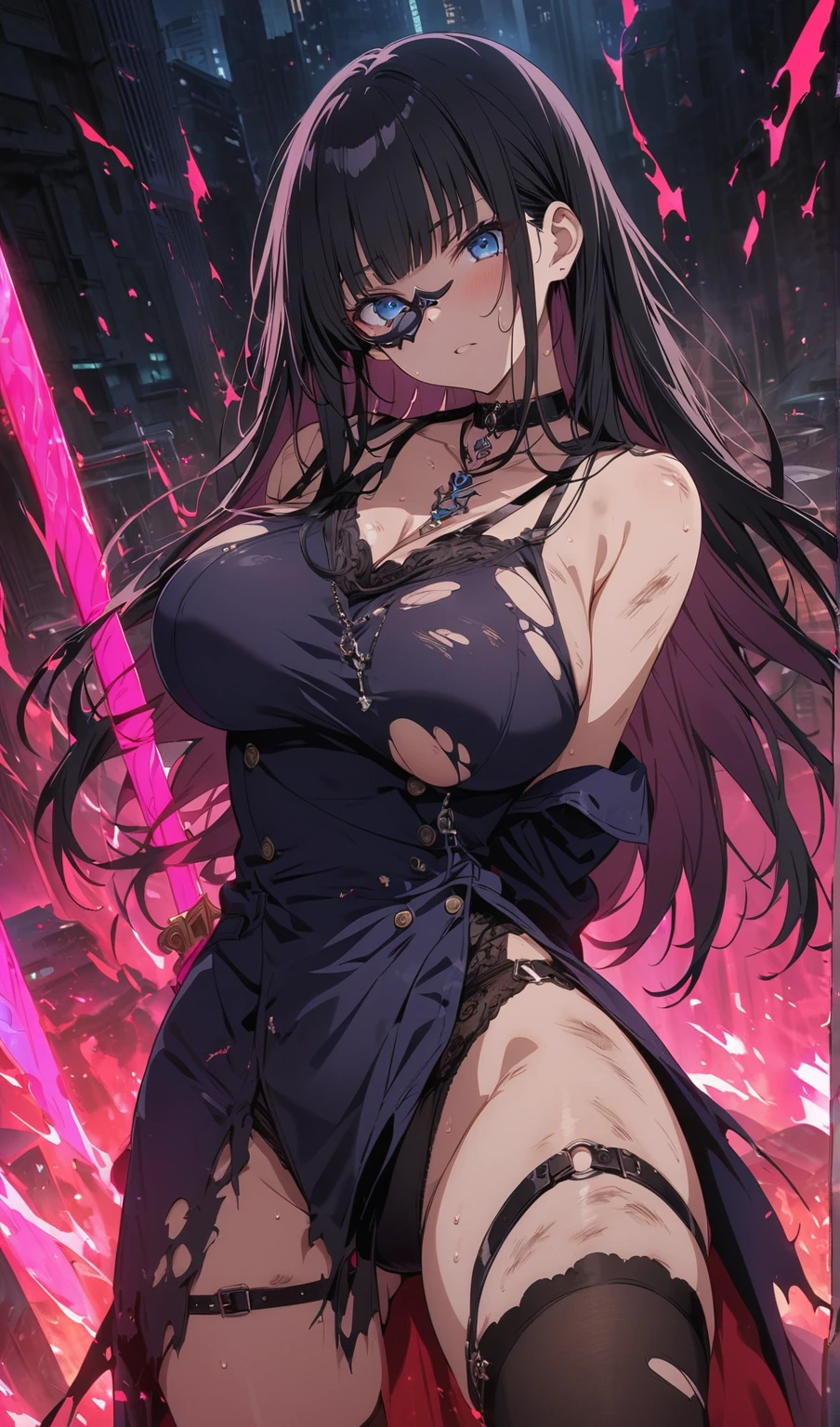 Adult woman, black skin, long purple hair, red eyes, purple top, leather jacket, leather mini skirt, wide hips, small waist, open belly, open breasts, black lipstick, Masterpiece, hiquality, perfect fingers, perfect limbs
