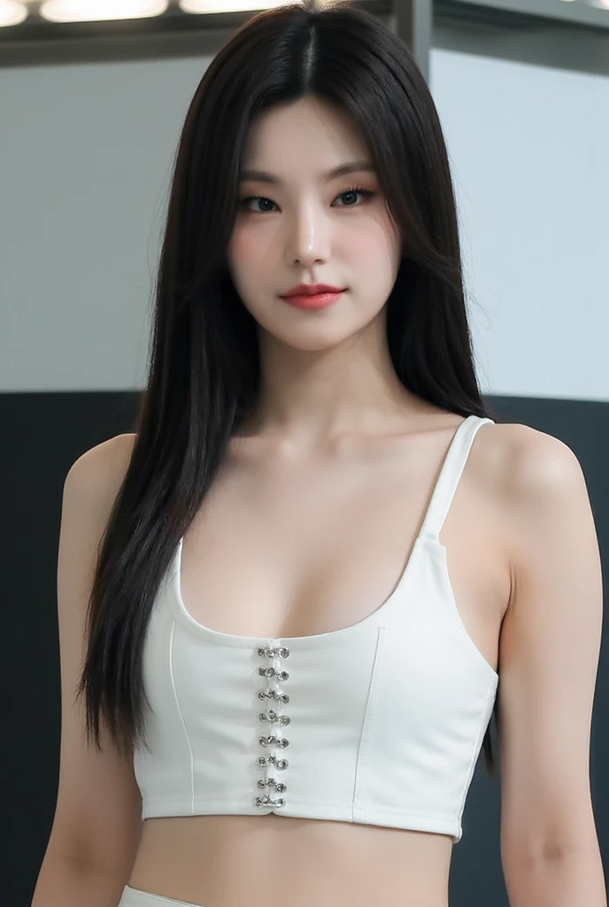 Tzuyu 1, woman, (Realistic), (Hyperrealism), (photoRealistic), Depth of written boundary, eye make up:0.7 (whole body:1.2), (Large Bust),(Tight waist), Watching the audience,In the pits at the racing track, Race Queen, Sexy dress with open shoulders and chest