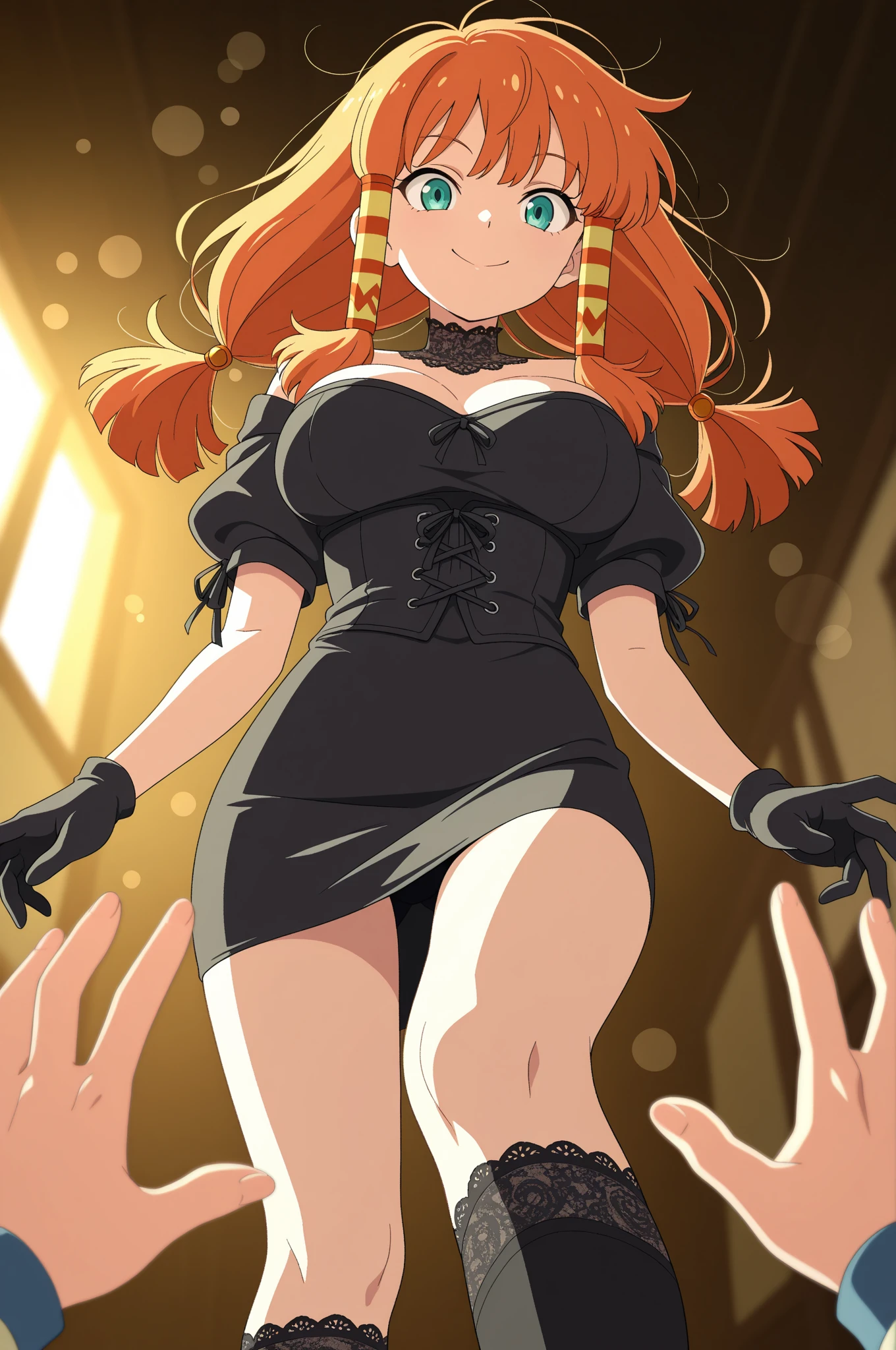 A little girl of short stature with unrealistic proportions,huge breasts and chibi body.in a modern room she wears a Gothic red and black dress to compliment her yellow braids