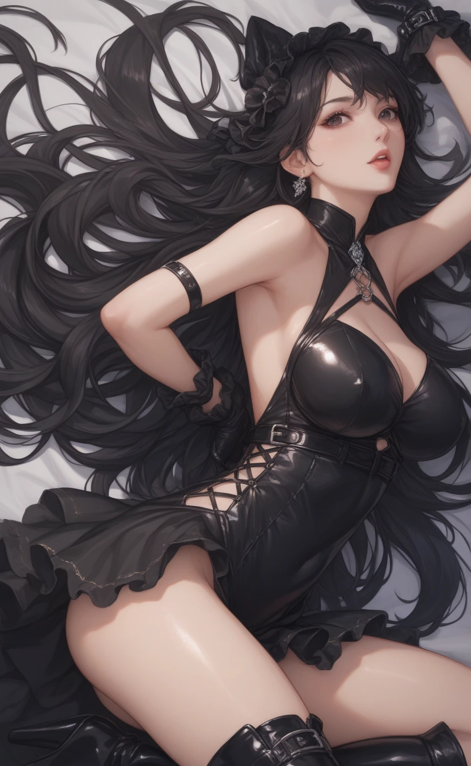 a woman in a long black solid draped spaghetti dress, black high heels, diamond hair piece, 17 years old, shoulder length slightly wavy hair, ((black hair)) and gleaming detailed vibrant deep blue eyes, slim frame, medium breasts, long legs, beautiful face, small butt size, small feet size, small hand size, perfect hands, scary face, beautiful face, pretty face, hot woman, British woman, cream skin, small soft pink lips , medium breast size, slim figure, standing pose, soft features, cute girl, perfectly framed face, soft pink lips, glossy lips