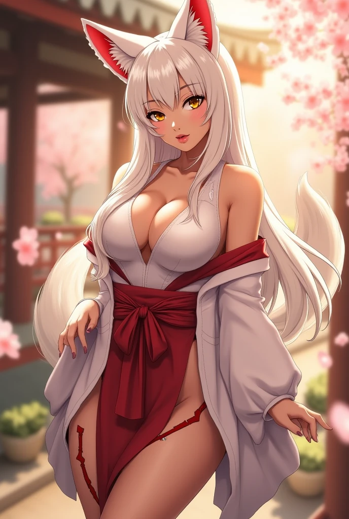 best quality, high detail, (detailed face), detailed eyes,masterpiece, best quality, 1girl, yellow eyes, long hair, white hair, sitting, red kimono, large breasts, topless, light smile, arms behind back, nature, hair ornament, animal ears, nipples, water,<lora:more_details:0.3> , <lora:GoodHands-beta2:1> , <lora:GPTS4 dreamwave full_478773:0.3>