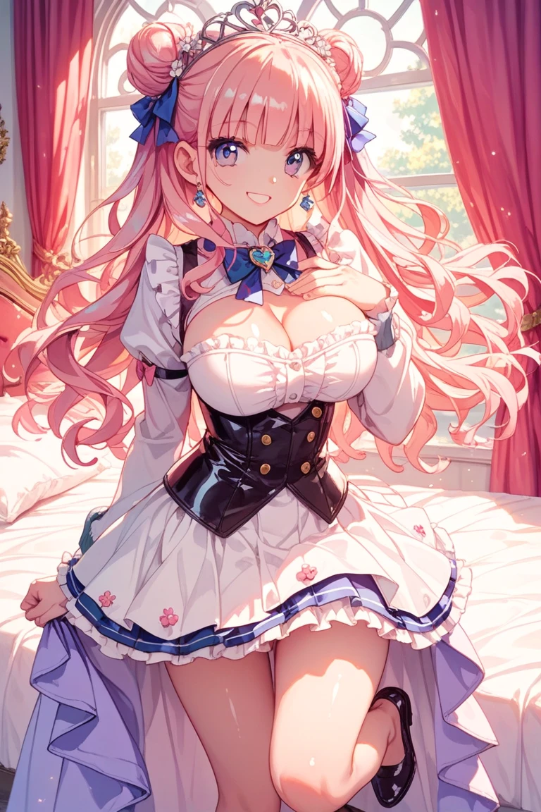 (masterpiece:1.2), (best quality:1.2), bedroom, best illumination, best shadows, cowboy shot, best lighting blue eyes, tiara, pink hair, white dress, large breasts, white stockings, very long hair, (parted bangs:1.2), (forehead:, pink panties, gloves, exposed shoulders, cleavage
