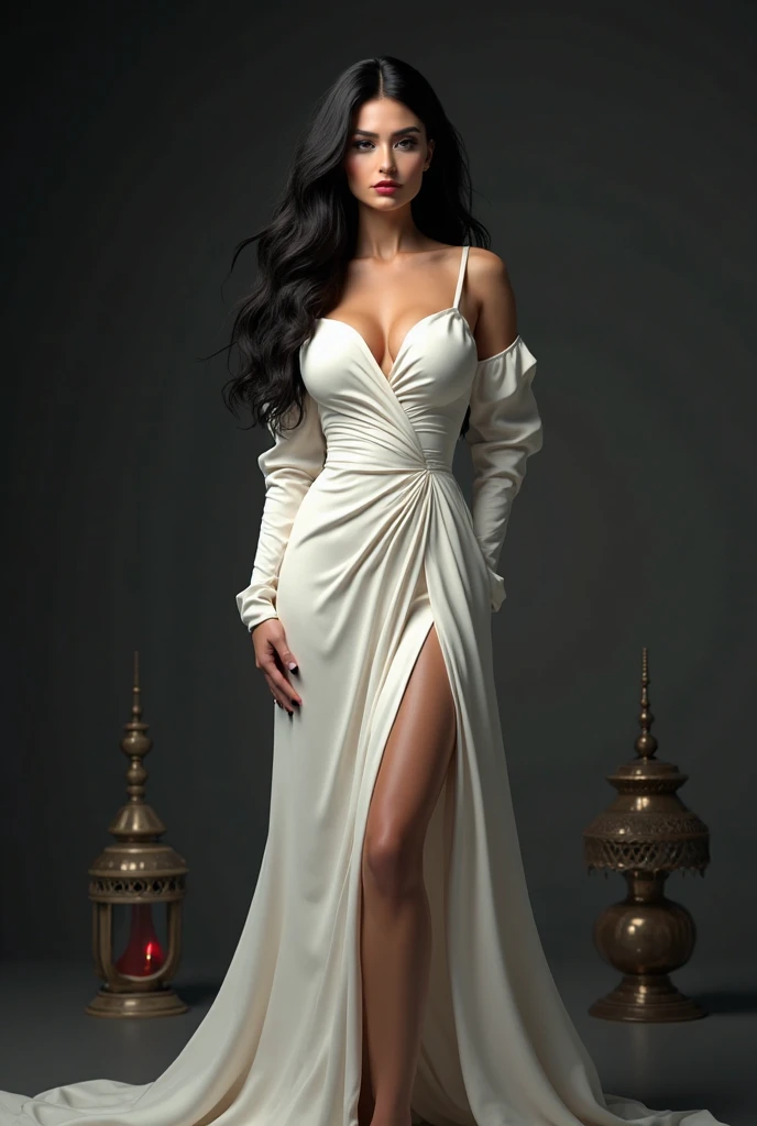 ((Masterpiece: 1.4, Best Quality))+,(Ultra Detail)+, Official Art, Unity 8k Wallpaper, Ultra Detailed, Beautiful, High Quality, Beautiful, Masterpiece, Best Quality, (Flat Chest), Full Body, Standing Painting, White Background, Red Straight Hair, Gloomy Eyes, Black Little Snake, White Theme, Red Jewelry, Studs, Black Lace Flats, Asymmetrical Skirt, Blood Stains on Skirt, Devil, Skeleton, Lots of Lace