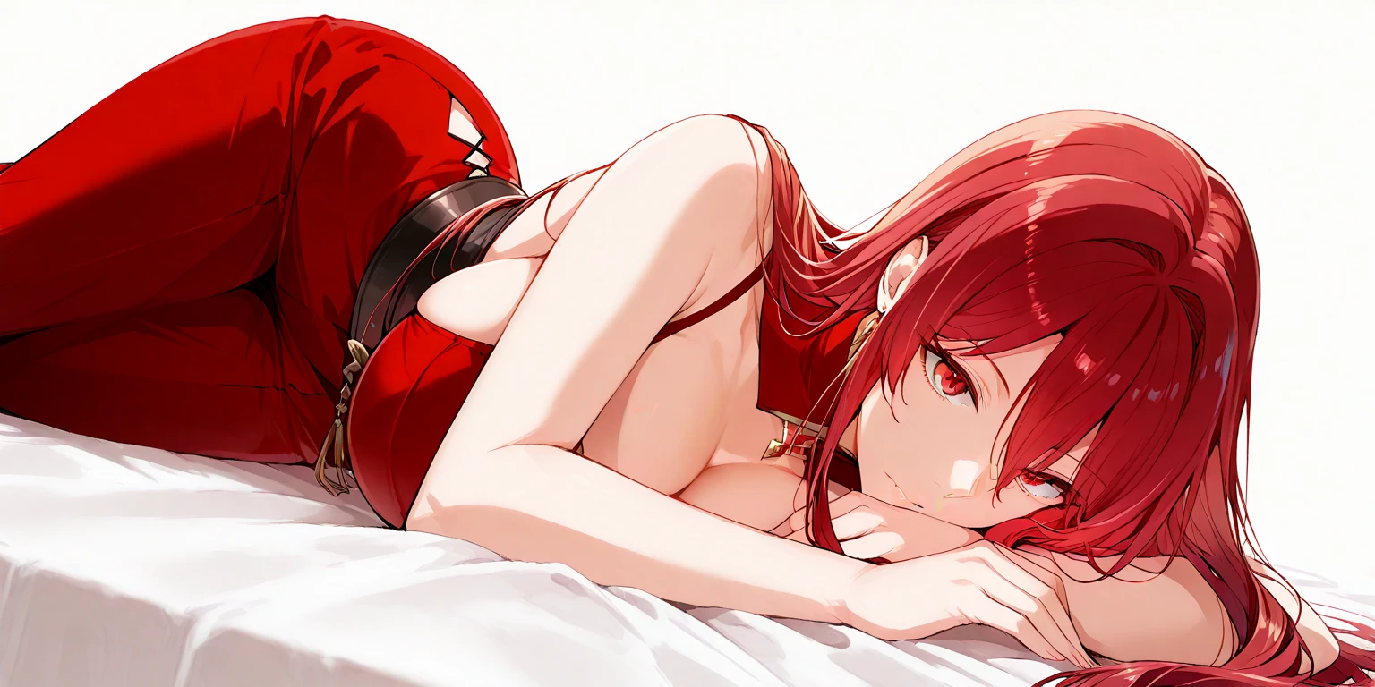Realistic,Highest quality, Super detailed, High-quality CG rendering, The most delicate and beautiful, Floating gently, High resolution, (1 girl), (Best image quality,4K,8K,masterpiece:1.2) , (All red-haired:1.5),(ponytail:1.5),(Red eyes:1.5),(Completely naked:1.5) Collapsed in bed,Defeated,,(Slightly larger breasts:1.5),Sleep,Are sleeping,(Piercing in left ear:1.3),Small room