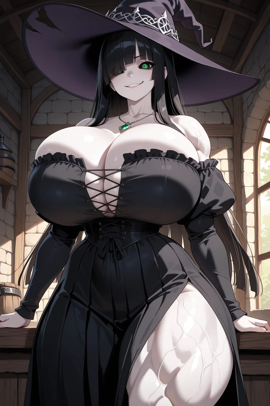 (((kipteitei art))), Masterpiece, high quality, best quality, beautiful, HD, perfect lighting, detailed face, detailed body, ((1girl)), ((solo)), medieval fantasy, fantasy village, long black hair, (fluffy hair), flowing hair, purple eyes, embarrassed, ((blush)), disappointed, looking down eyes, ((short black dress)), thigh highs, choker, belt across hip, witches hat, ((small breasts)), cleavage, perky breasts, ((she is bottom-heavy)), ((fat ass)), (((((wide hips))))), (((((((thick thighs))))))), ((thicc)), pudgy belly, belly bulge in dress, belly hanging over belt, fat rolls, small cabin, inside, night time, (((belly grab))), ((ass grab)),