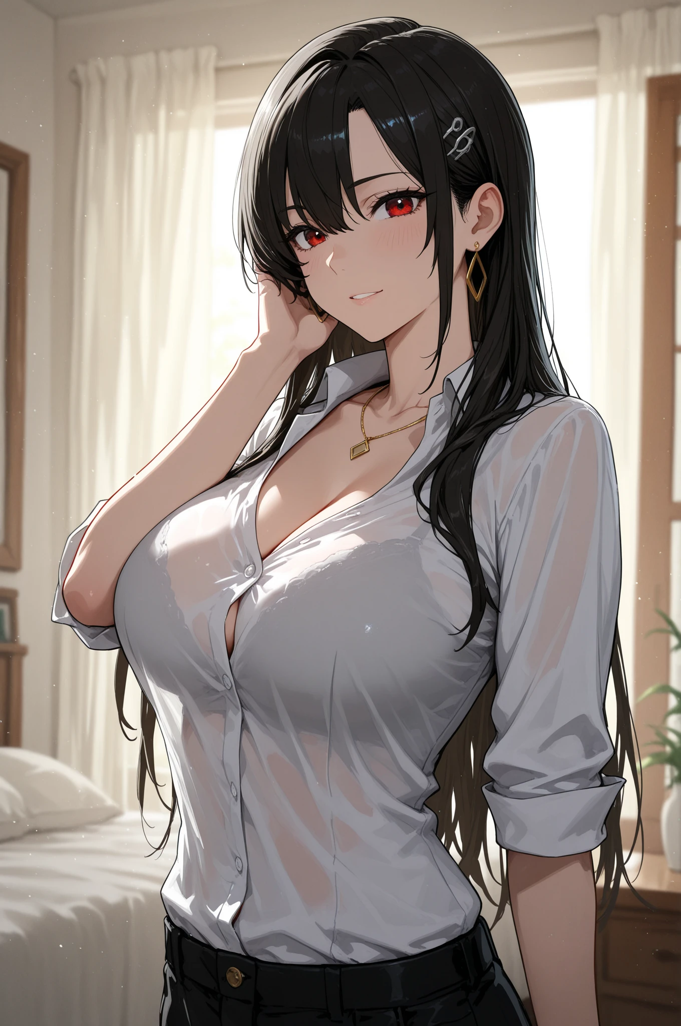 (masterpiece, best quality:1.2), looking at viewer, school uniform with tits coming out, (wavy hair:0.8), long hair, red eyes, upper body, nipple visible, unbuttoned shirt, boobs coming out of shirt, nsfw