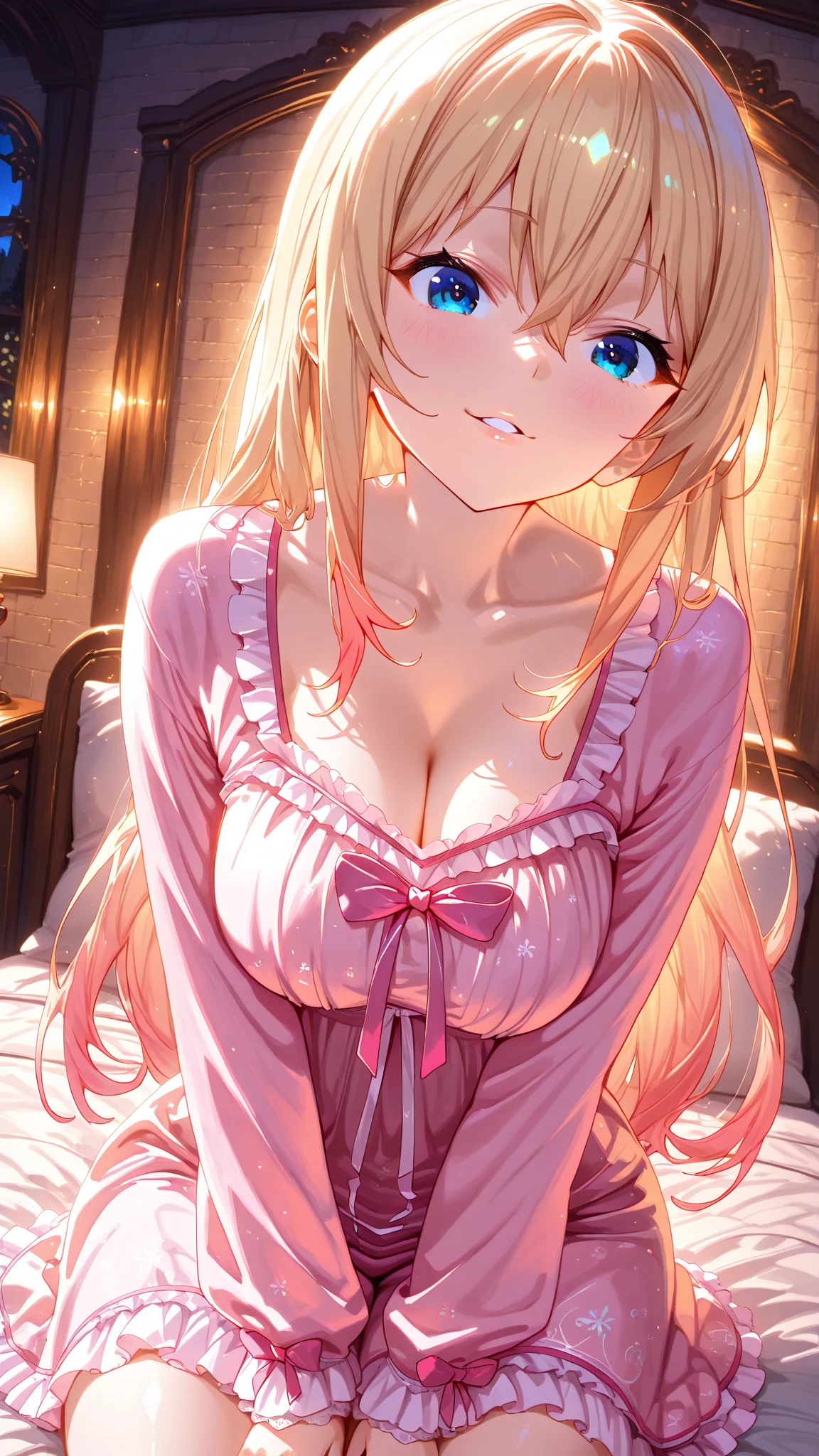 (masterpiece, Highest quality, Super detailed, Best Shadow)、1 Girl、pajamas、Beautiful face、Beautiful body、blush、Cleavage、On the bed