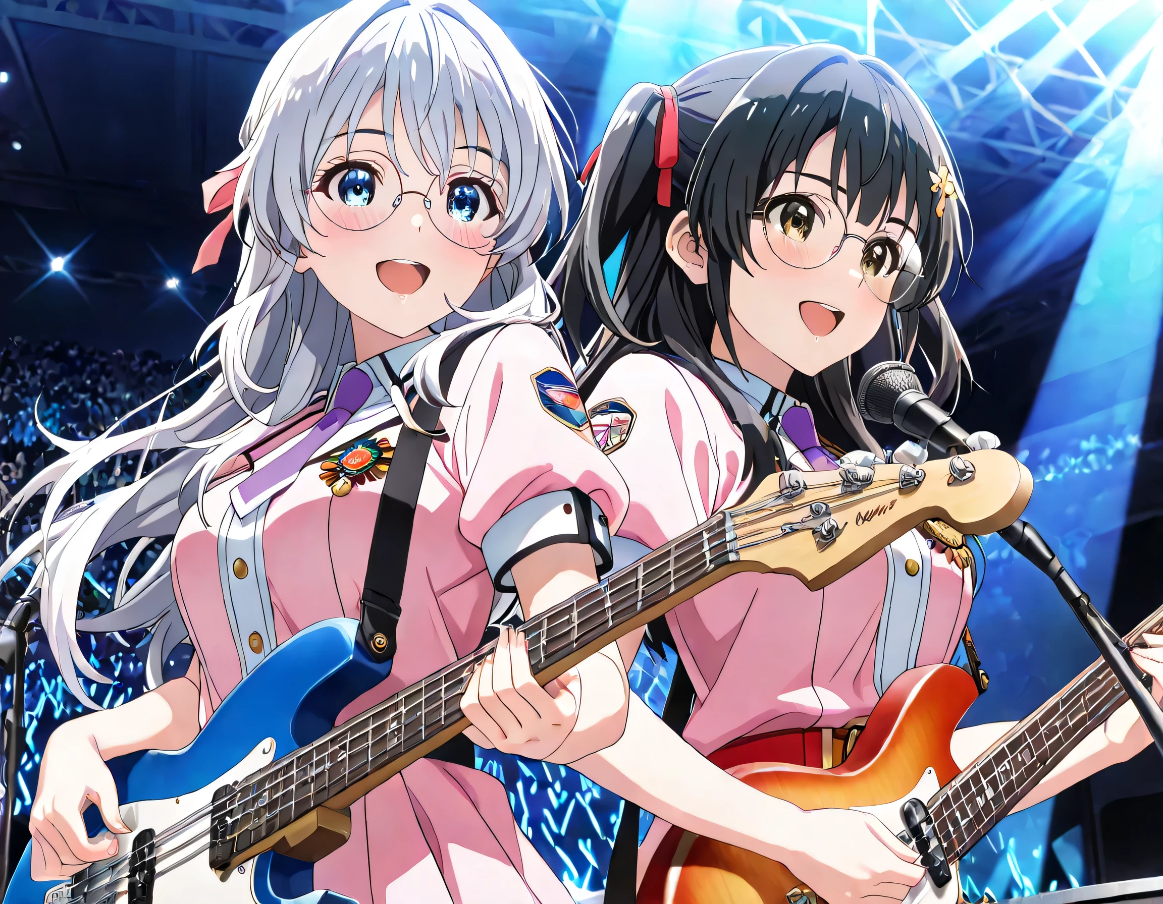 ((ultra-detailed)), (highly detailed CG illustration), (best quality:1.2), ultra-highly detailed, colorful composition, artistic photoshoot, 2girls, duo focus, Yuri:1.3, back-to-back:1.4, upper body:1.2, cowboy shot, moe anime character, super popular super idol:1.3, on idol stage, round face, rounded chin:1.2, short stature, french air force light blue uniform with gold decoration during World War II, white collar inner shirt, pale purple tie:1.4, medal on breast with red ribbon:1.3, sam brown belt with shoulder strap:1.3, BREAK (Girl A is Sena:1.2), thick eyebrows, brown eyes, sagging eyes, black hair:1.3, long hair, half updo, (wearing glasses:1.3), (round eyewear:1.3), half updo, electric_guitar, playing_instrument, singing in the live venue:1.4, BREAK (Girl B is Marika:1.2), blue eyes:1.3, sagging eyes:1.3, silver hair:1.3, long hair, two side up, hair ribbon with black, ample breasts, smile1.3, electric_bass, playing_instrument, BREAK enthusiastic audience, shoot from below, dynamic pose, contrapposto pose, best quality, masterpiece, expecting, pink cheek, blush, light pink gloss slip, portrait, depth of field, shining lighting, sidelighting, shine, lighting, caustics, ray tracing, perfect face, lustrous skin, highly detailed face, highly detailed eyes, perfect face, perfect nose, perfect hair, perfect eyes, perfect anatomy, beautiful hair, beautiful small face, extremely detailed face, beautiful detailed eyes, beautiful clavicle, beautiful body, beautiful breasts, leavage, breasts squeezed together, equalize the size of the left and right breasts, beautiful thin thighs, beautiful legs, beautiful fingers, 4 fingers, 1 thumb, lovely, (very detailed background:1.0), (highly detailed background:1.0), intricate details, enthusiastic atmosphere, colorful and sparkling colors palette, chromatic aberration