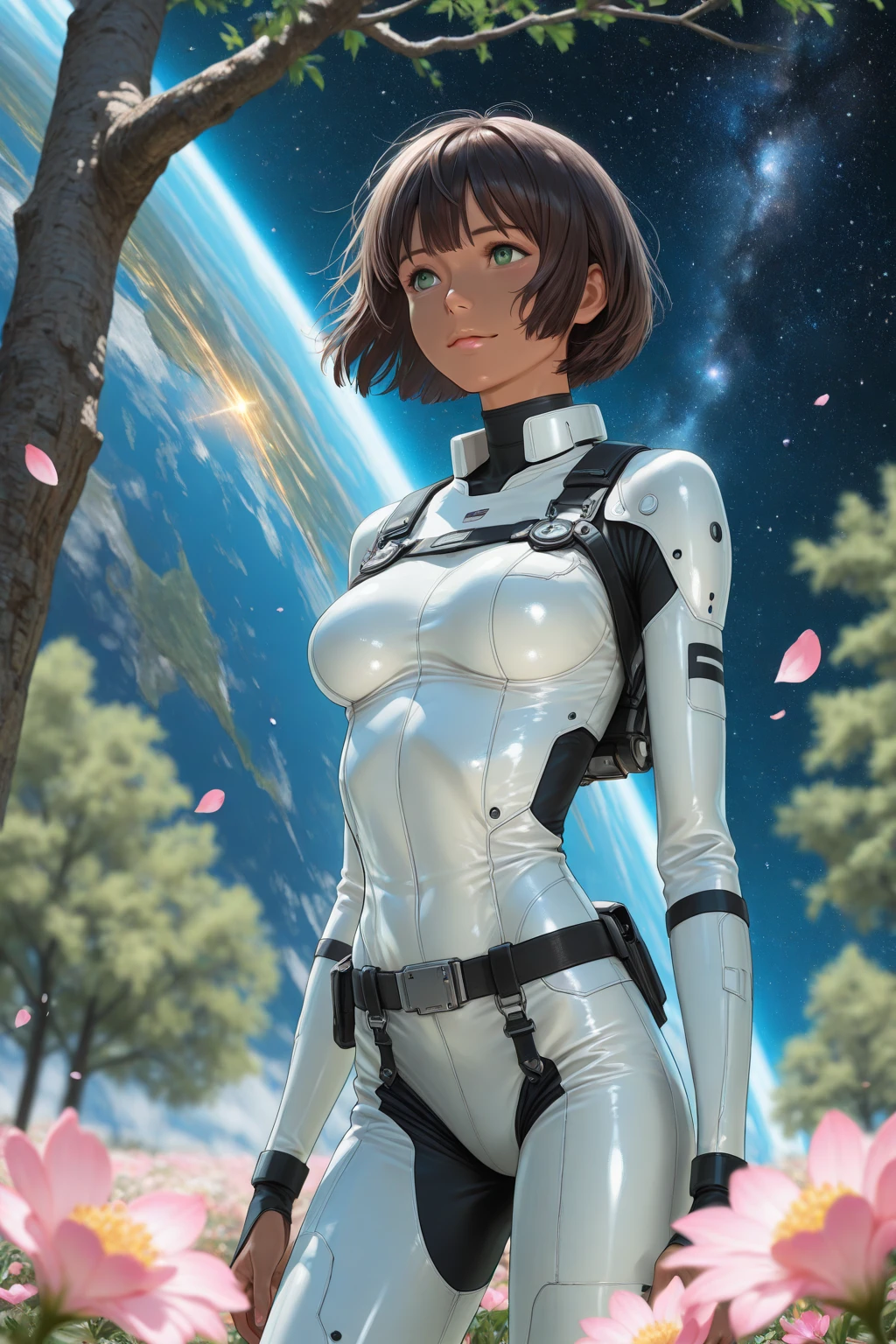(masterpiece、highest quality、highest resolution、clear_image、Detailed details): (full body figure、15 year old girl、Japanese face、small face、thin、navy blue super short bob cut hair、blue colored eyes、((navy long sleeve space suit、space helmet))、headset、cosmic handbag、cute type、gentle smile、soft expression、headset、(((knee high boots)))、gloves up to the elbow、eye level shot、face directly、woman on a spaceship), (((camel toe))), ((Pure white leotard))