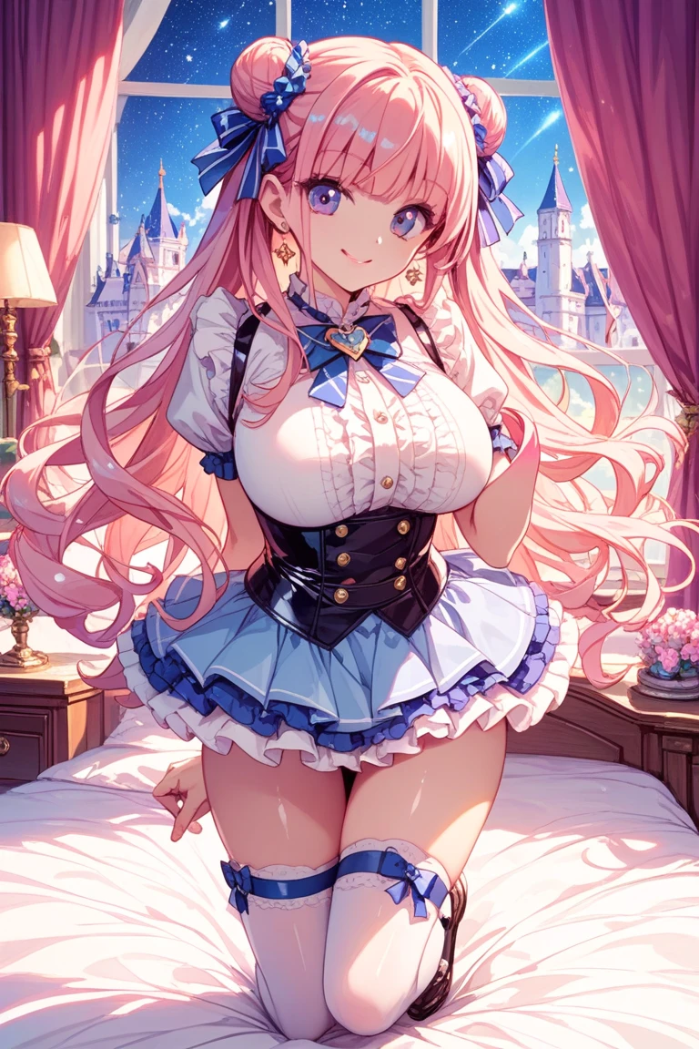 Girl Turning Around, ((Highest quality)), (Very detailedな), (Very detailed CG 統合 8k 壁紙), Very detailed, High-quality RAW color photos, Professional photography, ((Beautiful big boobs)), ((Bare Chest)), (Pink hair accessories), peanut butter brown hair, Great face and eyes, , (Amazingly beautiful girl), School, (See-through sheer micro bra:1.6), (Shiny light blue satin panties with fine frills:1.3)、Panties covering the buttocks、garter belt、Turn your knee-high socks away、Show your ass、Angle from behind、Kneel