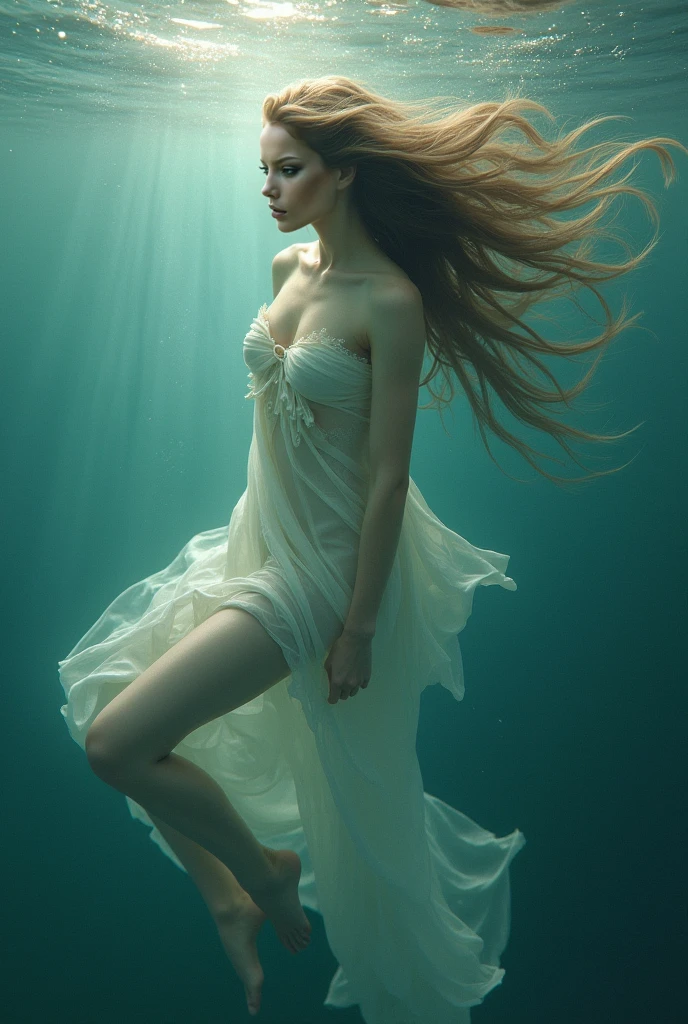 There is a russian woman in a white dress floating in the water, floating underwater, floating drowned, floating in water, female floating, underwaterphotograph, Portrait of a woman underwater, she is floating in the air, dramatic floating pose, floating in perfume, underwater photo, elegant floating pose, underwaterphotograph, floating underwater in a lake, submerged in water,skin texture,8K,large breasts,redhead,irish fair skin.