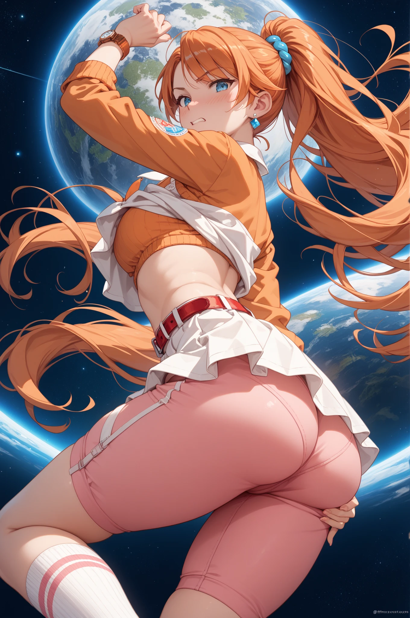 Shikinami Asuka Langley, (Futanari, Girl with a big penis),mini skirt, hoodie, Erect nipples, Small breasts, whole body, Push out your hips