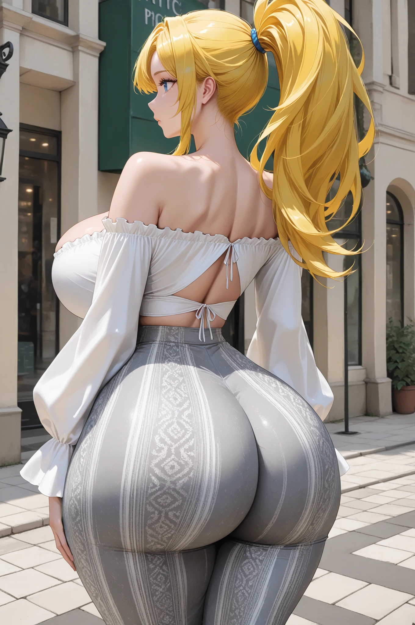 Round ass focus from behind: sexy short Latina with mocha skin and blonde hair, walking on the sidewalk. Young short sexy, tight sexy choker, beautiful long dress, huge massive hanging breasts, full thick pouty lips, big beautiful smile, sexy wavy hair, big eyes with long eyelashes, big gorgeous smile, tiny wasp waist, super wide birthing hips, thick toned thighs. Cinematic morning lighting.