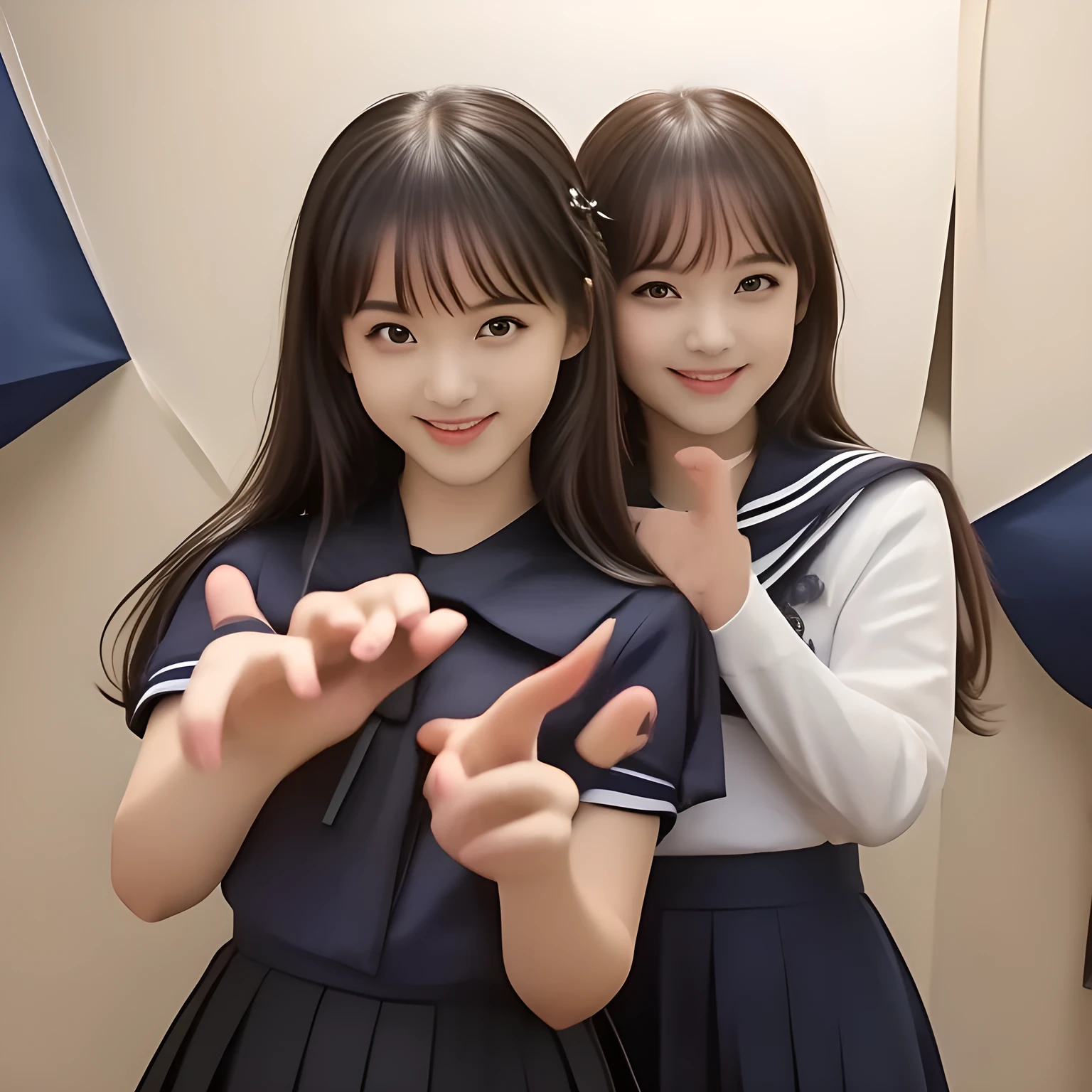 (highest quality, masterpiece, clearly detailed:1.5), highest quality, High resolution, 1080p, 8K, (Too beautiful as young, evolved with grace, ((Too much beloved)) Popular Japanese magazine fashion girls group with long hair, ((svelte silhouette)), giving too much pleasure to my sensitive one at a absorbing party, absorbing everything from my one with beautiful hands and fingers, (laughing with lovely white face with unreal beauty, overflowing with translucence: 1.8), (Neat blue school uniform, (Neatest (navy colored) sailor-style school uniform and skirt, navy sailor school collar, shiny-blue ribbon, with detailed): 1.8), (Too beautiful dreamy eyes and neatness charm the viewer), ((purity and neatness of pristine uniform is very impressing): 1.8), (focus on her too beautiful black shiny long well-done hair and neat style: 1.9), (Beautiful brown eyes), (bangs trimmed carefully: 1.8), (超超美少女: 2.0)