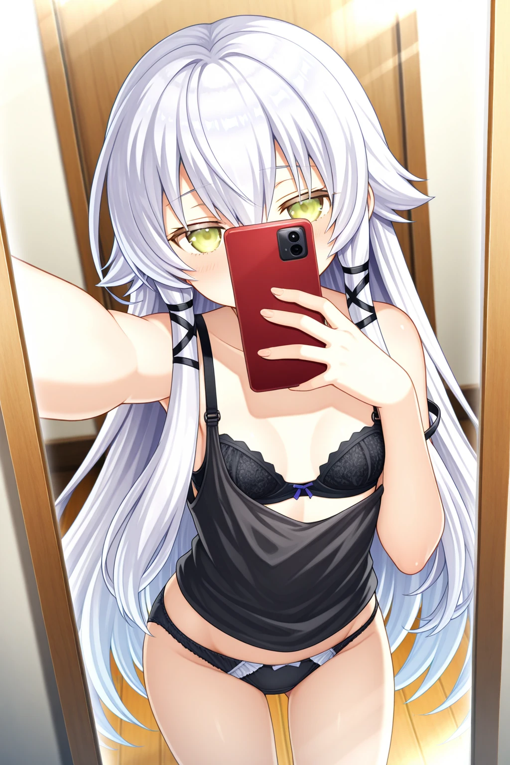 1girl,cute,black bikini,long gray hair, selfie in mirror.