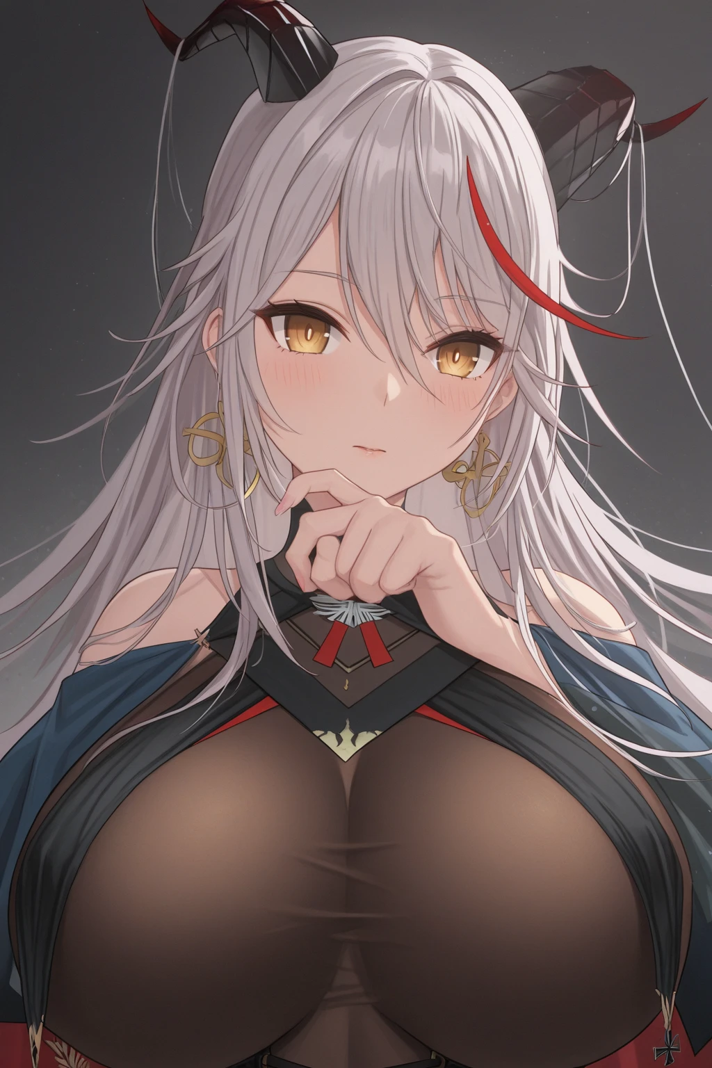 masterpiece, best quality, HakuryuuV4, 1girl, solo, long hair, breasts, ((grey eyes)), slight smile, large breasts, gloves, cleavage, jewelry, white hair, earrings, horns, teeth, choker, black choker, black coat, white eyes, asymmetrical horns, glowing eyes, <lora:HakuryuuV4-15:0.9>