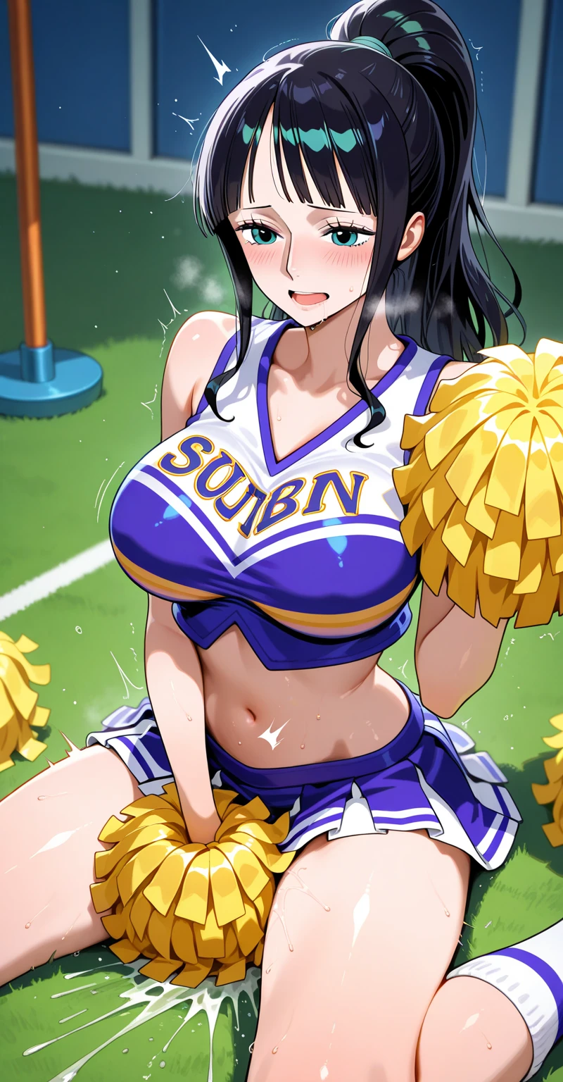1girl, full body, standing, brown eyes, parted lips, forced smile, black hair, high ponytail, tanned skin, large breasts, nipples, defined abs, curvy, white crop top, glitter, micro pleated skirt, thigh highs, sneakers, pom-poms, gym, warm lighting, sweat, mature female, milf,athletic pose, nsfw