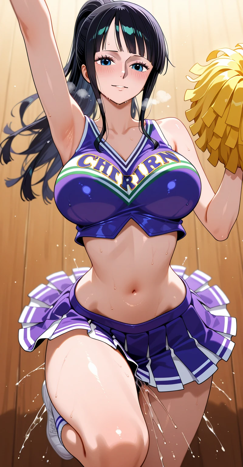 maternal smile, blushing, Pompones, uniform, crop top, midriff skirt, miniskirt, crop top overhang, clothes lift, large, sweat, thick thighs, (huge chest 1.5), cheerleader uniform, wet clothes, semi-transparent clothing, erect nipple under clothes, high ponytail, visible underwear, micro thong, (high thong), (standing on one leg), masterpiece, best quality,  Very detailed