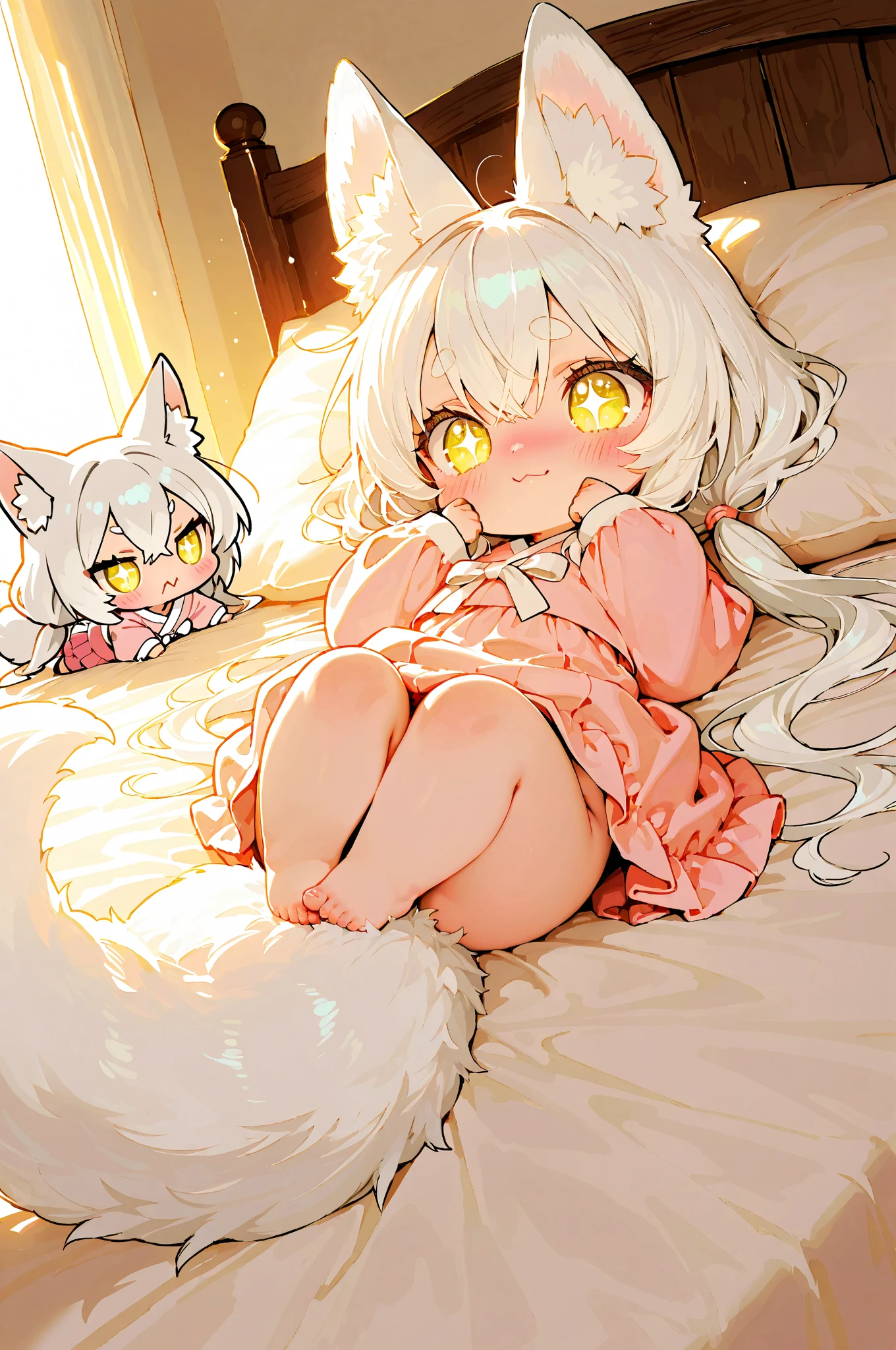 lovely illustration, Mejor calidad, Pretty girl, dormitorio, color pastel, orejas de gato esponjosas, Little Loli, pelo largo plateado, juguete de peluche de gato, Bright lighting, ojos rosa claro, personaje acostado, personaje abriendo las piernas con pantimedias para mostrar su vagina, agregar detalles a la vagina, vagina abierta y sin censura, cambia cada pose del personaje en cada imagen generada aleatoriamente