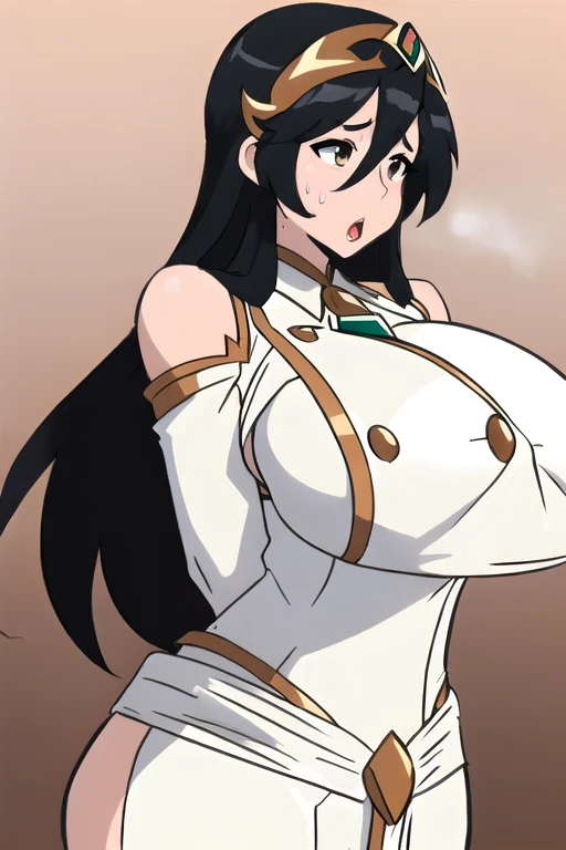 ultra realistic 8k cg, masterpiece, (( intricate detail, highly detailed, fine details best quality, hyperdetailed face)), gigantic breasts ,beautiful lighting, absurdres, BoaHancockV2,  1girl, solo, black hair, long hair, jewelry, closed mouth, ), (chinese dress, (underboob : 1.4), elbow gloves, thigh boots, split skirt, bare shoulders, curvy, midriff, curvy, thighs, shiny clothes), blue eyes, (complex detailed background, inside, luxury palace), ((cowboy shot)), curvy, (gigantic breasts: 1.1), seductive smile, cowboy shot, (tan skin :1.1) (tan face:1.1)