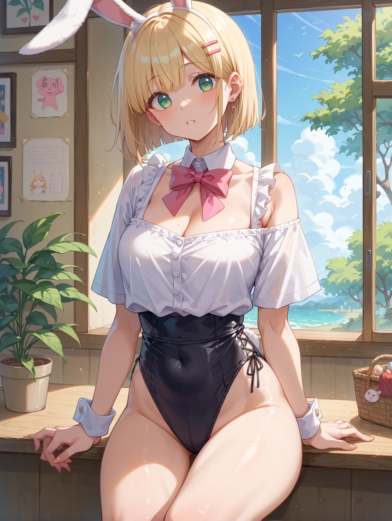 masterpiece、Highest quality、Highest quality, (Long, slender legs, shoes:1.2), (squat, Spread your legs), 1 girl, (smile、Open your mouth大笑い:1.2), Cute eyes, (Detailed face:1.3)、Open your mouth, The whole face turns red, alone, Oversized breasts, Big and ample breasts, (Straight bangs, Bobcut), (White maid outfit:1.2)、(Nipples、Ultra-micro bikini that only covers the bust digs into the skin:1.2)、Side bust、Underbust、belly button、Walking through the mansion&#39;corridor、Browsing Caution、shoes下