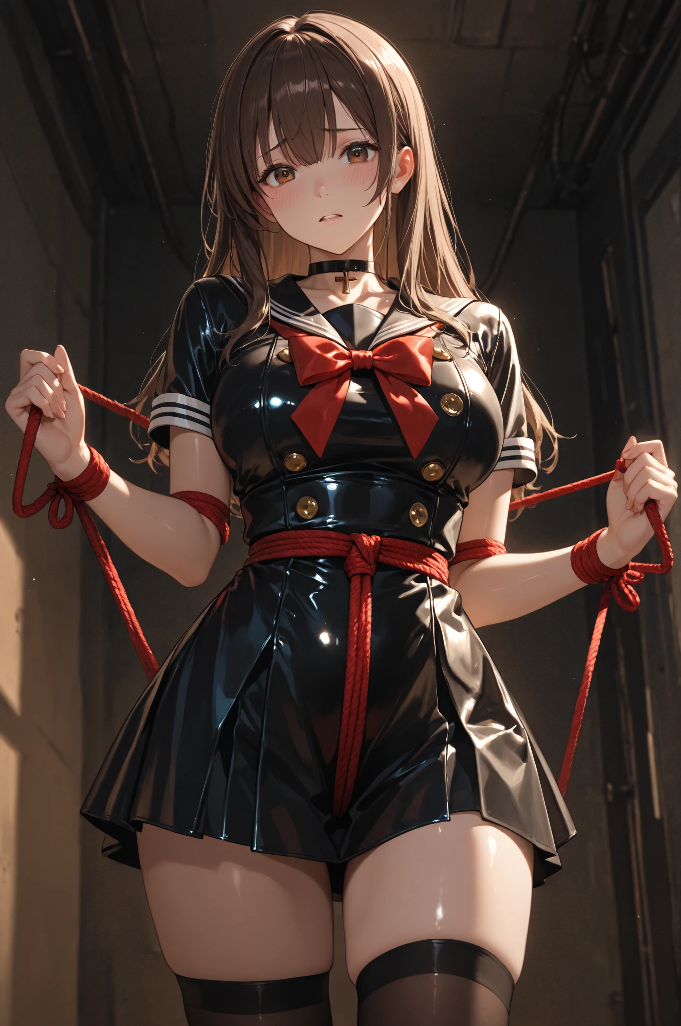 From below,Worried expression,BDBobcat,,Upper Body,smooth,Red leather,Red corset,,collar,Not suitable for working hours,((best quality, 8K, masterpiece: 1.3)), Sharp focus: 1.2, (Layer cutting, Large target: 1.2),Beautiful Women in Perfect Shape: 1.4, Slim abdominal muscles: 1.2, Wet: 1.5, Highly detailed face and skin textures, Delicate eyes, Double eyelids, rope, Bobcat, Studs, Large target, Angry eyes, Sharp eyes, With a whip in his hand