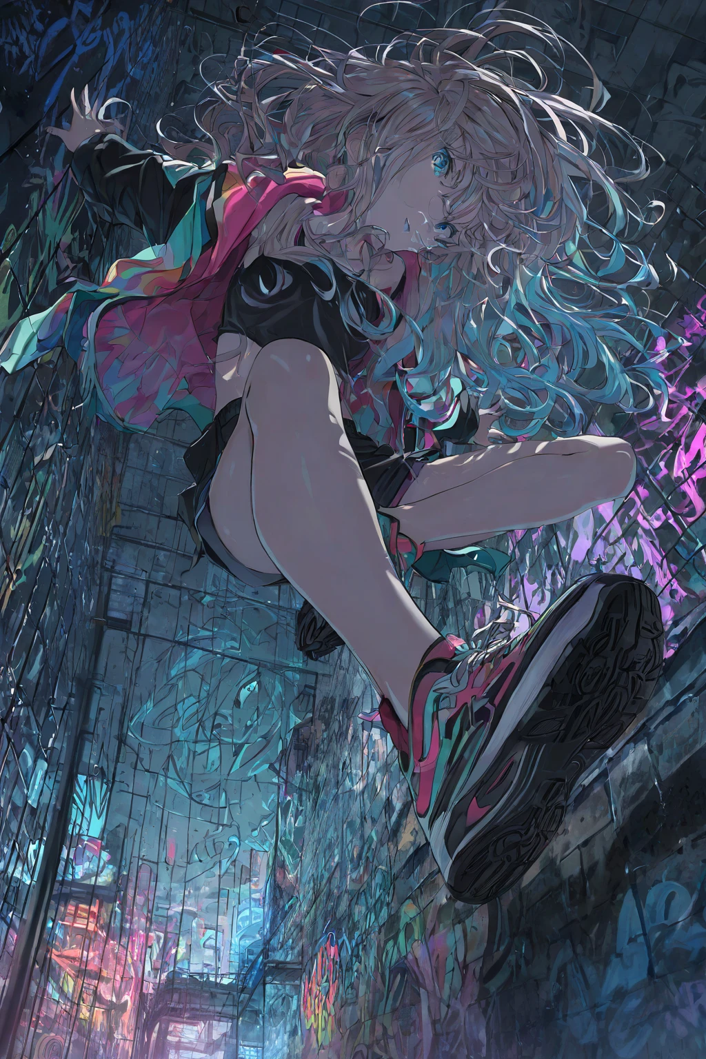 Ultra HD, anime realistic. Badass South Asian teen girl with short, windblown black hair and piercing electric blue eyes. Smirking confidently, she leans against a graffiti-covered wall in a neon-lit cyberpunk alleyway. Clad in a black tactical outfit with exposed arm guards, she grips a glowing katana at her side.