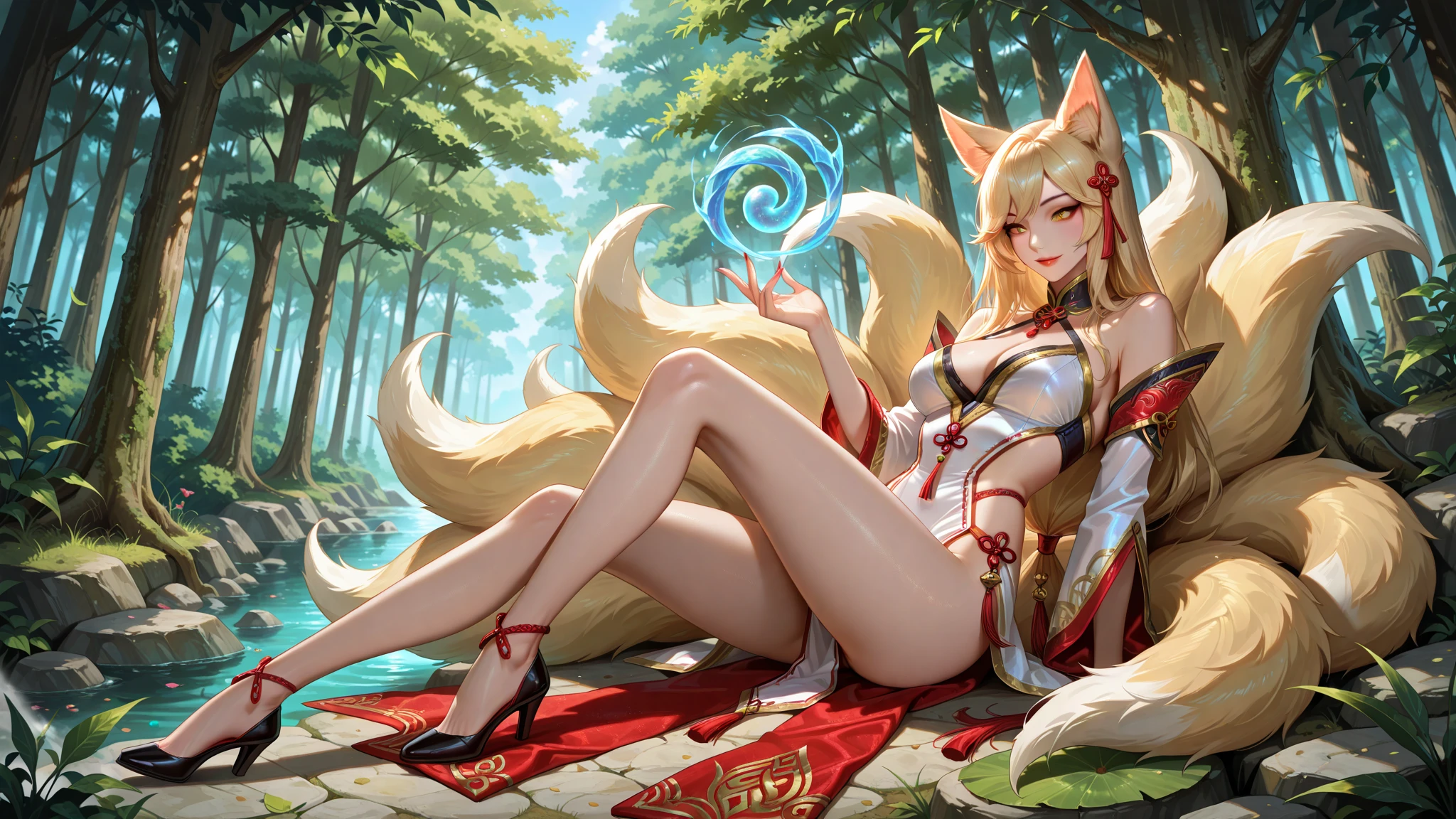((((NSFW)))), NSFW, naked, nude, naked pussy, open legs pose,Beautiful woman dressed in red bunny costume, detailed body, long and blond hair, red horns, flat yeast, fishing net, cowboy shot