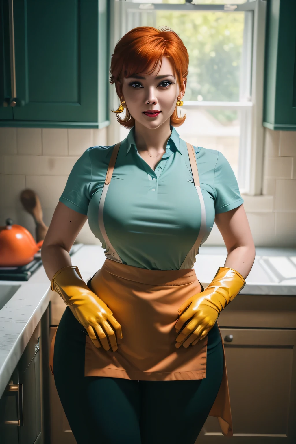 a portrait of a pole, undercut hair, maid, freckles, apron, big breast, amazing body, pronounced feminine feature, legwear suspenders, kitchen, close up, skin covered by flour