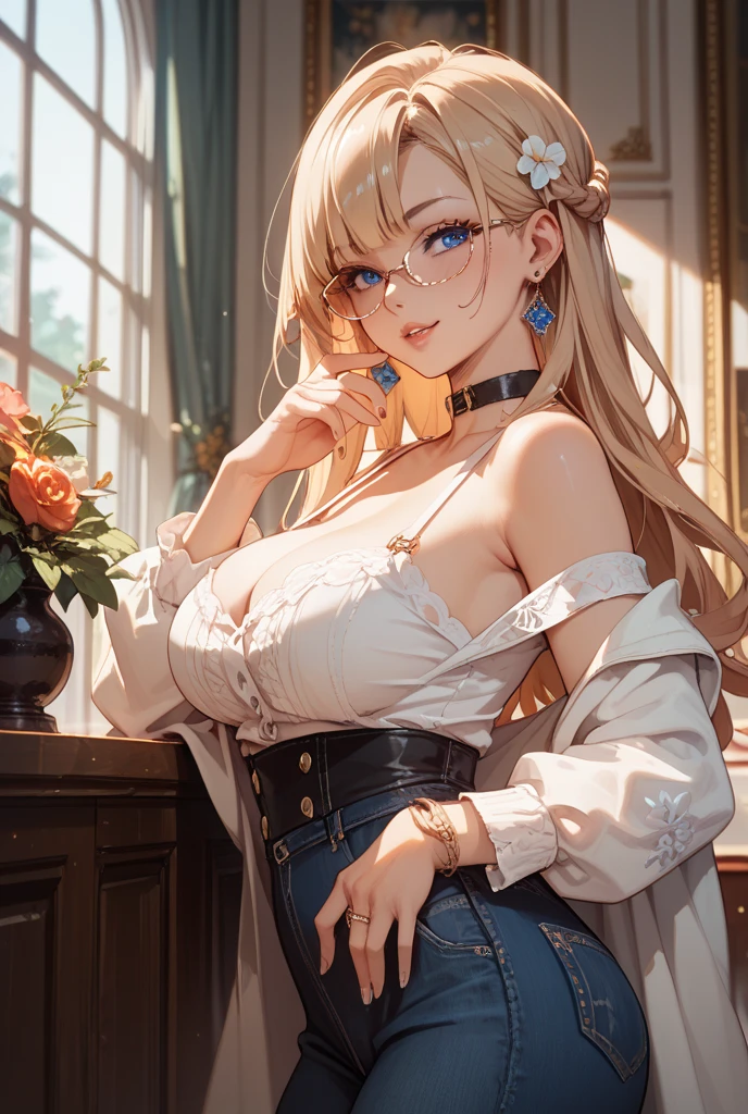 Solo, 1girl, masterpiece, best quality, extremly detailed, Cinematic lighting, intricate detail, highres (4K or 8K), official art, finely detailed beautiful face and eyes with long lashes and a smattering of freckles, high resolution illustration, dark intense shadows playing on her features, overexposure adding depth to certain areas, blonde hair cascading down her shoulders, single braid adorned with tiny flowers, blue eyes sharp and expressive behind rounded glasses, slightly smug expression, sitting comfortably on an antique chair, upper body covered in a white blouse, large breasts gently spilling out of a plunging neckline, yellow