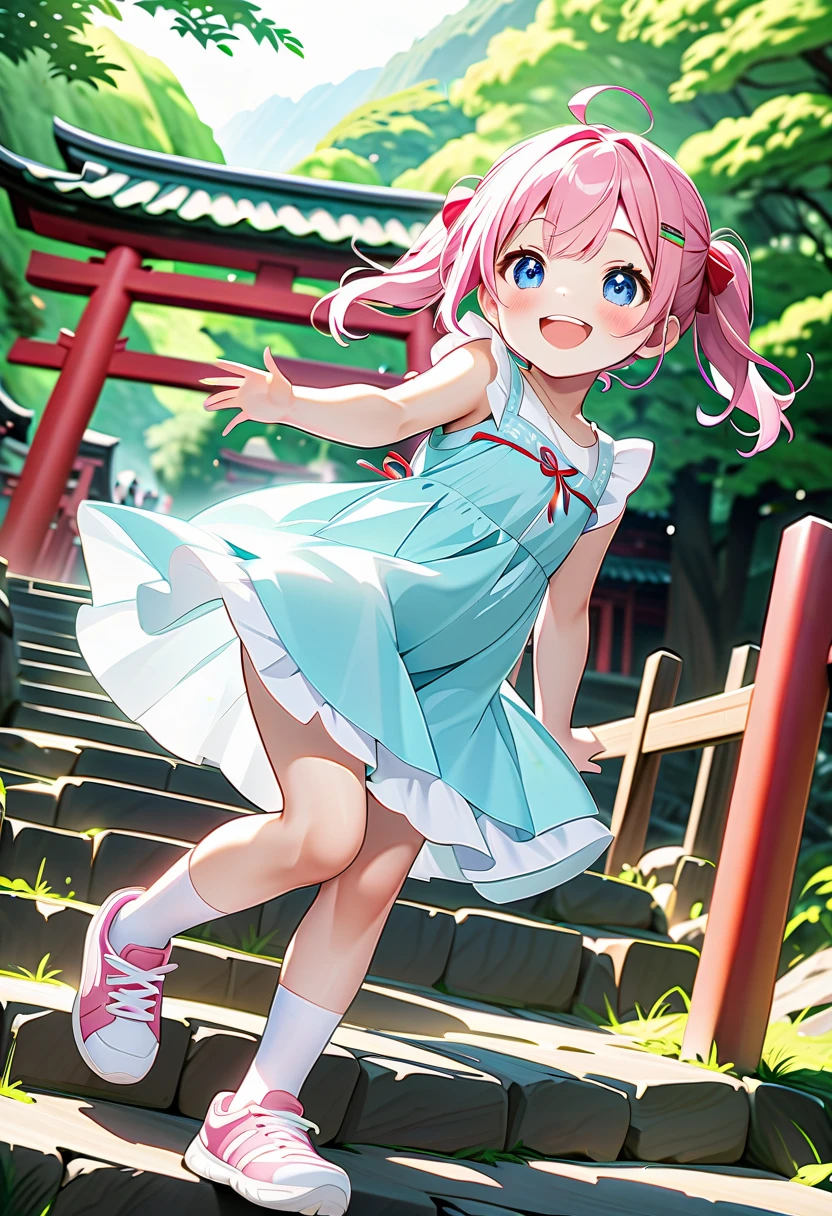 Highest quality、High resolution、Detailed Background、Beautiful face in every detail、Anatomically correct、Detailed facial expressions、fine grain、((full body, from below:1.5, looking viewer:1.2)), break　((One Girl:1.5)、((Chibi Girl:1.5)))、Bright pretty pink hair color、Big beautiful blue eyes、Fuller lips、Pink Lips、Braided twintails、Ahoge、break　((Walk cheerfully:1.5))、(Shiny pink satin dress、Cute Shoes、Cute hair accessories)、break　Walking along mountain paths:1.5、(Big smile:1.5、Happy expression:1.5)、break　((The background is a volcanic mountain path、Refreshing weather))
