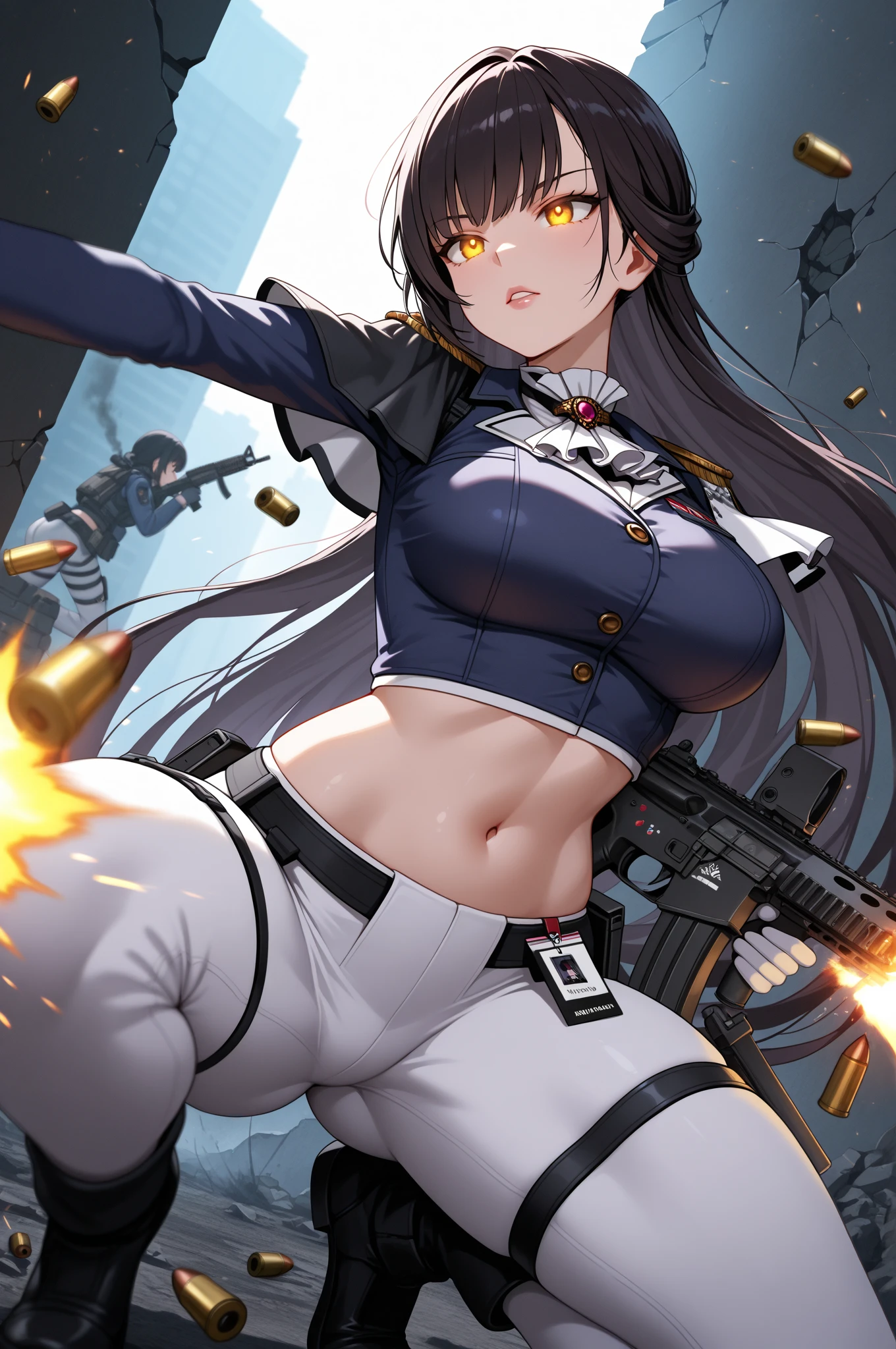 girl,big breasts,Bikini Tops,hot pants,gloves,smile,boots,Knee-high socks,full body Shot,hand pistol,Firing,shooting,