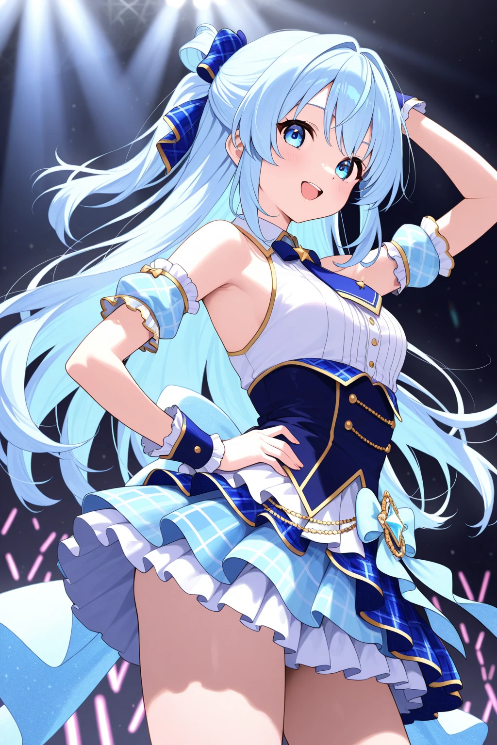 rabbit-shaped pupils, (flat color:1.0), blue hair, rabbit ears, pantyhose, white dress, smile, braid, black gloves, upper body, open arms,