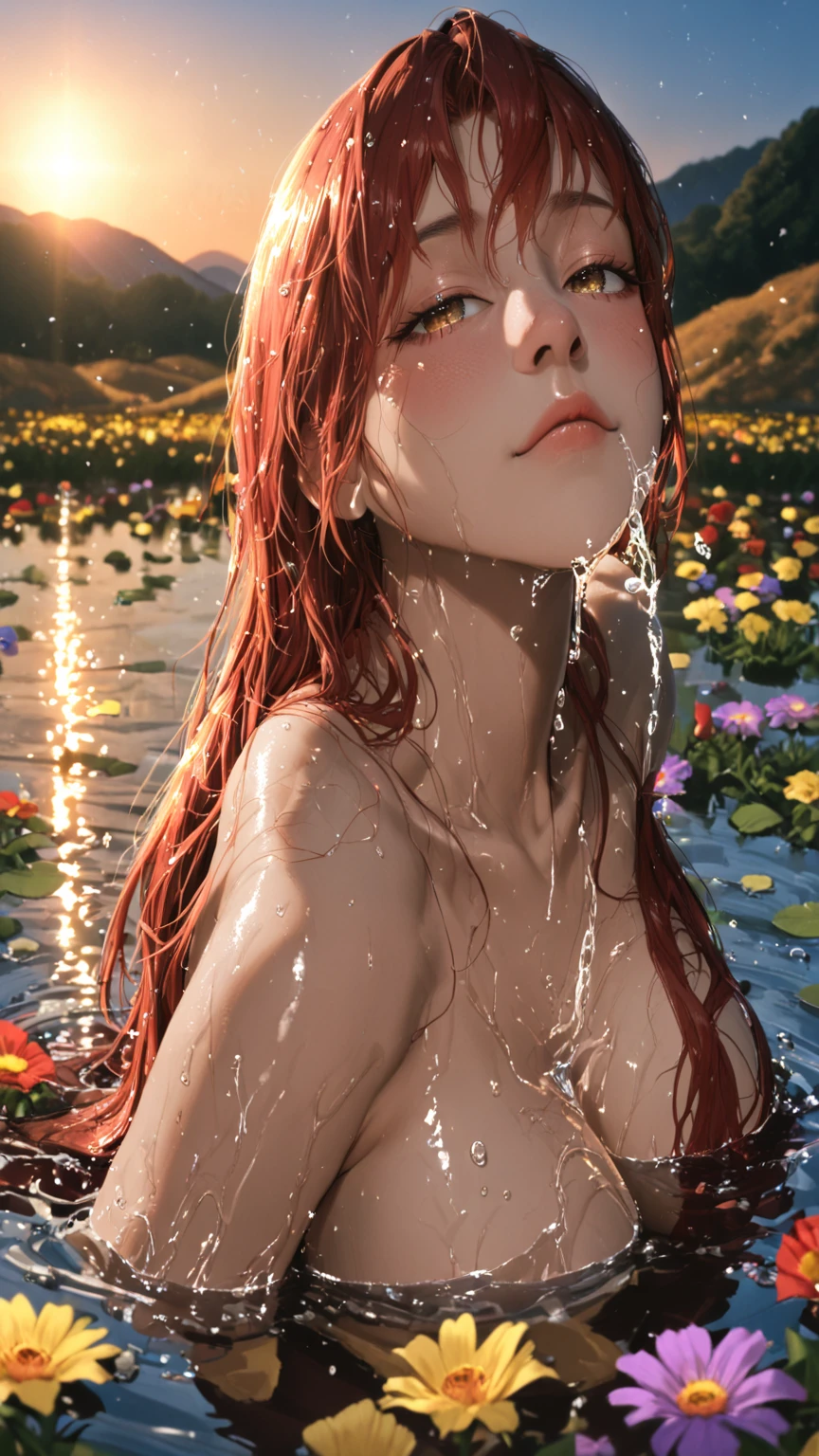 Exquisite (slim (skinny)) Girl 16 years old (with a perfect, very beautiful gentle face and almond-shaped eyes) (with a southern skin tone and soft lips) (with red hair) (with freckles) (costs (waist-deep in water)) ((nude)) (with tender (small beautiful breasts)) ((with soft pink nipples)) (Barefoot) In the middle of a big river ((((in a purple open shirt)) on the naked body)); ((Sunset Evening Amber Light)); (Warm summer late evening), ((Warm sunset light)); draw ((in watercolor style)); ((very beautiful exquisite face)); (High image quality, High detail), ((discreet faded shades, pale expressionless colors, imitation of film photography, diffused soft light)); ((big alien eyes), skinny); ((delicate shades)), (sfumato)