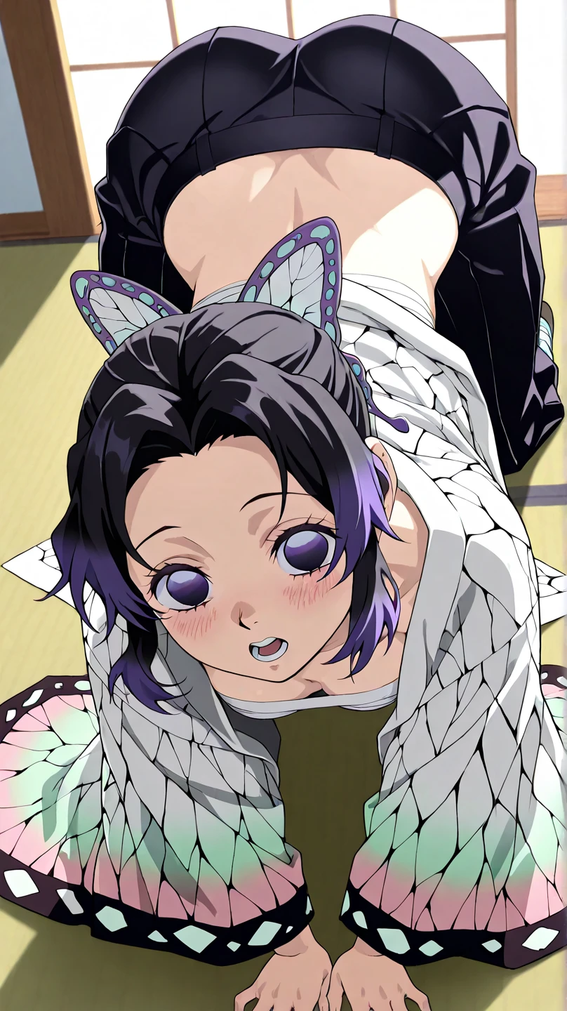 EFT_Shinobu, 1girl, kochou shinobu, butterfly hair ornament, solo, hair ornament, purple hair, multicolored hair, purple eyes, black hair, medium breast, (bikini), seductive smile, looking at viewer, blurry background, indoors, japanese house, full body, slim, ((masterpiece)), best quality, high detailed illustration, high detailed background, hi-res, bare legs, bare feet, ((bare ass)), on bed, lying on stomach