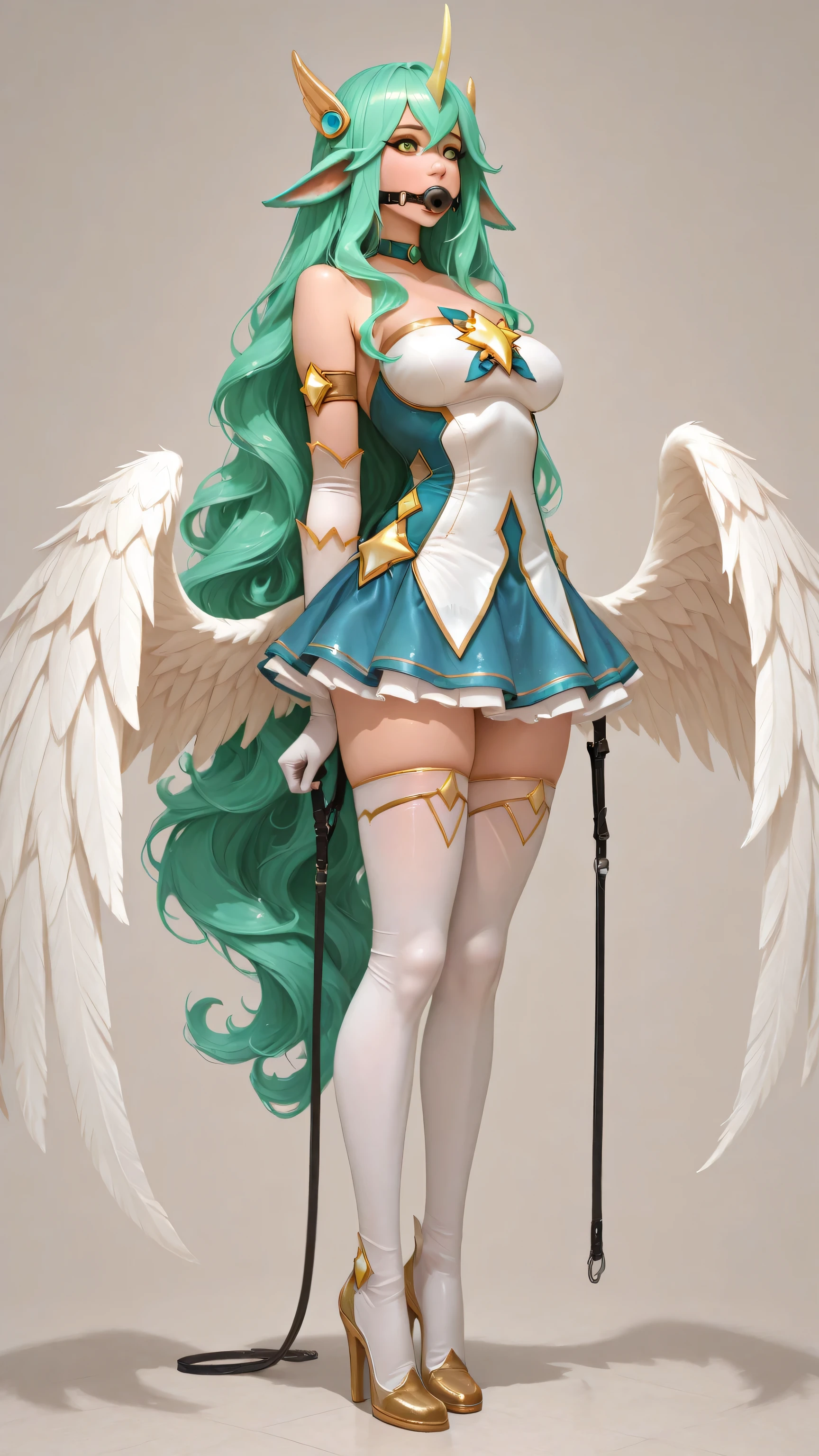Reins, Ponyplay, piercingbit gag, hoof gloves, hoof heels, elbow gloves, thigh boots, hooves, hooves gloves,,Ponyplay , 1girl, green hair, horns,long hair, singe horn,soraka_star,star guardian \(league of legends\),bare shoulders,green eyes,animal ears,gloves,magical girl,white gloves,breasts,very long hair,skirt,alternate costume,armlet,choker,alternate hair color,pointy ears,elbow gloves,white thighhighs,wings,hair between eyes,bangs,feathered wings,large breasts,hair ornament,, full body standing up, masterpiece, dakimkaura