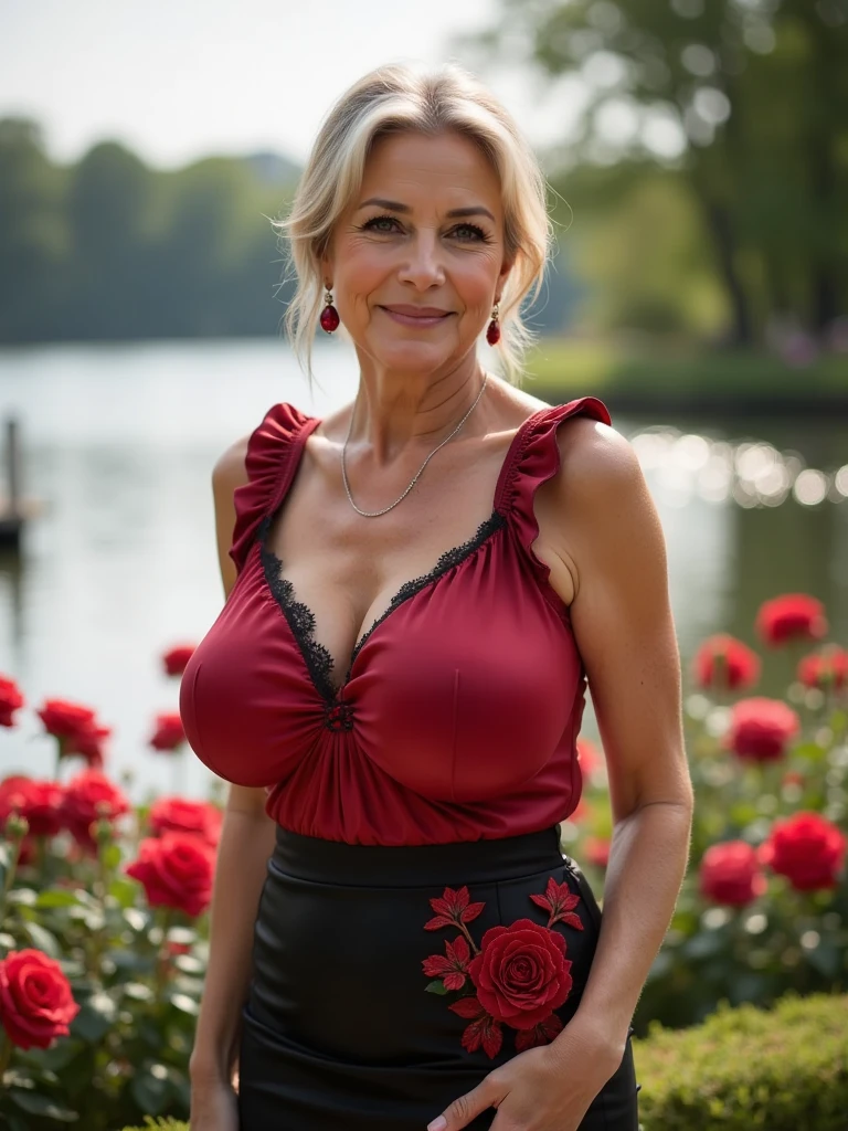 full body shot, full body in frame, Photo of a one mature European woman, full body shot, 50 years in all, A MILF, pretty face, curly blonde hair, Well good, visible nipple, The fold, old, necklace, Neutral Colors, ,size, round breasts, large cutout, see-through clothing, full body shot, portrait, posing like super model, Western film , ultra realistic, without makeup, red lips, looking directly at the camera, (wearing red off shoulder dress) , red dress, on bench in park , smiling , spectacular lighting, gorgeous, ((deep cleavage)), photoshoot, (masterpiece), natural look, high resolution, extremely detailed background, skin with pores, , cinematic lighting Completed , full body with legs