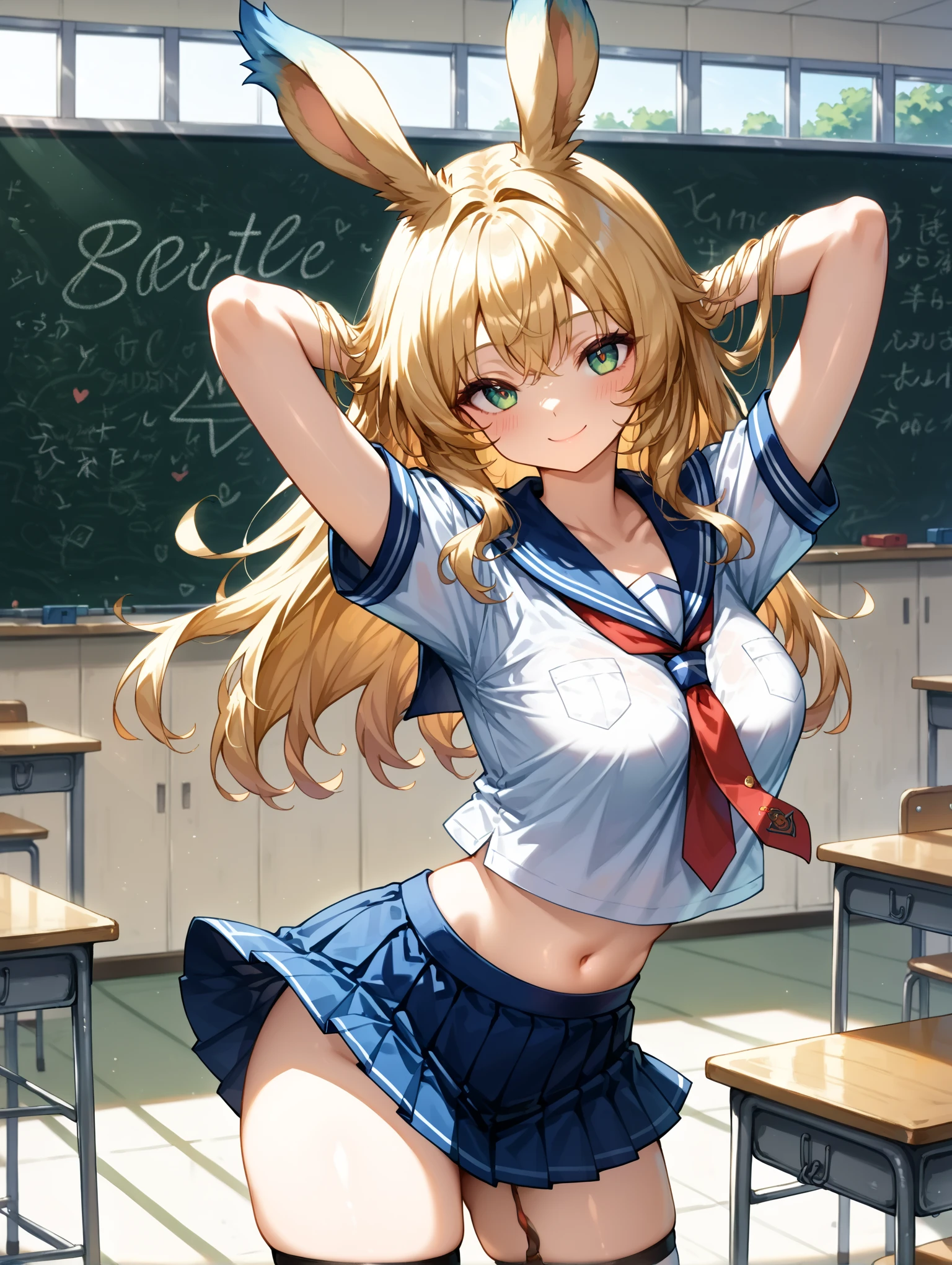 master-piece, hyper quality, hyper detailed, perfect drawing,Solo, high school girl, school uniform, miniskirt: (0.7), backwards, buttocks sticking out, big round buttocks, standing figure, ((panties fully visible)), tanned skin: (1.2), cute smile, cheeky smile, tan marks: (1.5), ( Buggy socks))), portraits, bust ups, shooting from behind obliquely below, school, classroom, beautiful background, meticulous drawing, accurate drawing.